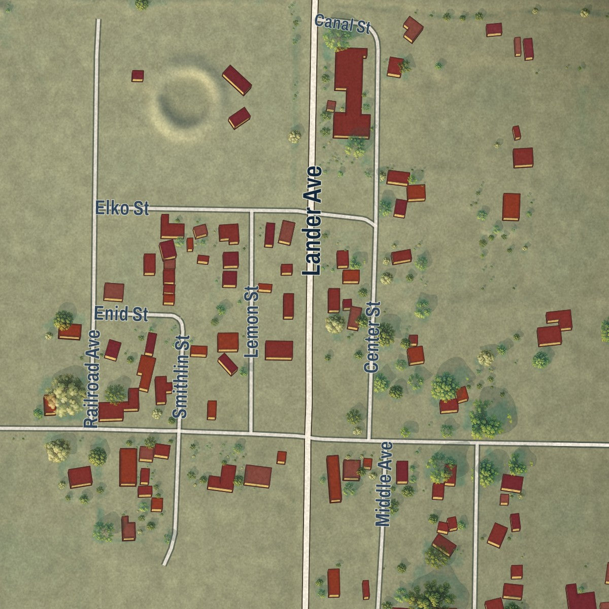 Close-up of the map of Stevinson, California print showing street and building detail