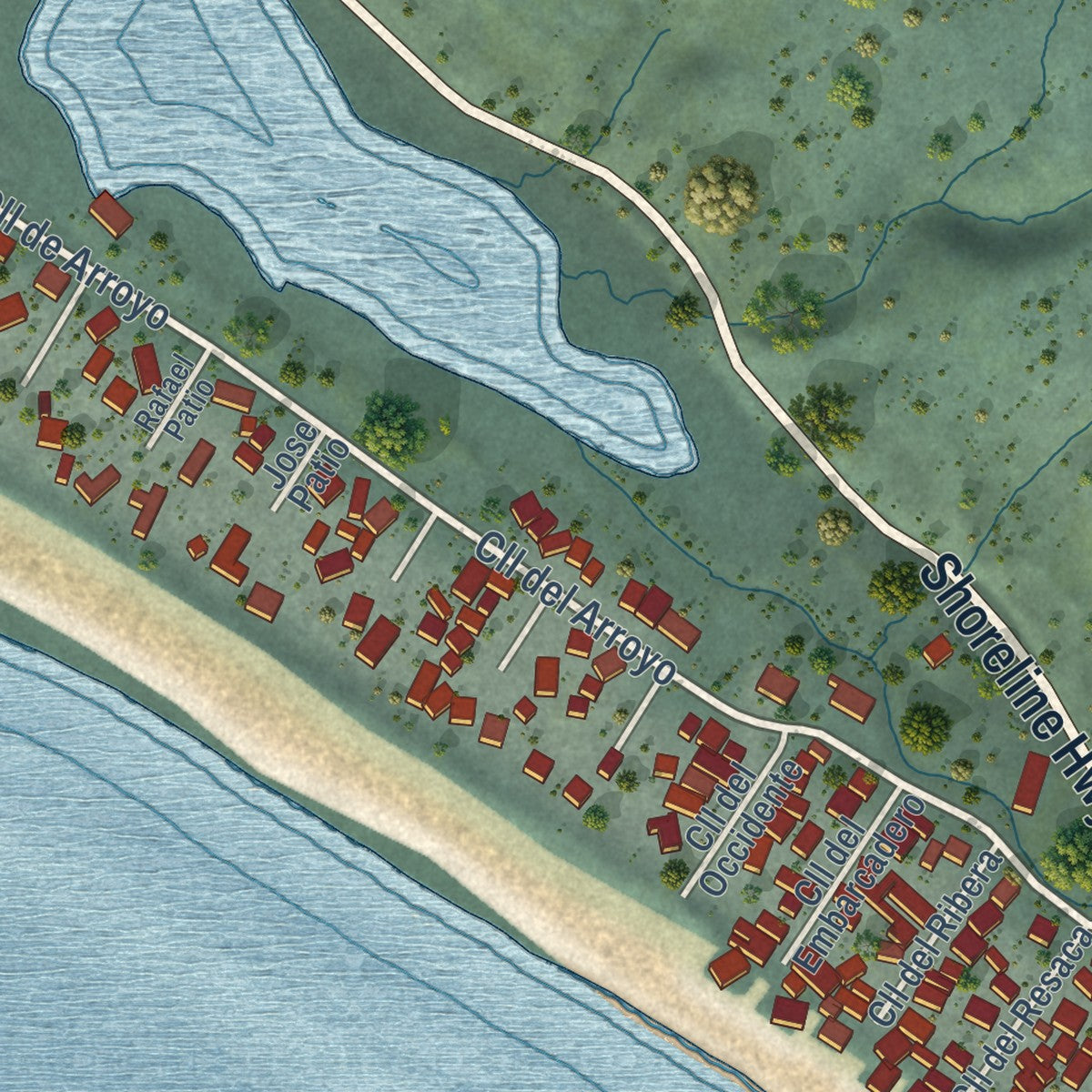Close-up of the map of Stinson Beach, California print showing street and building detail