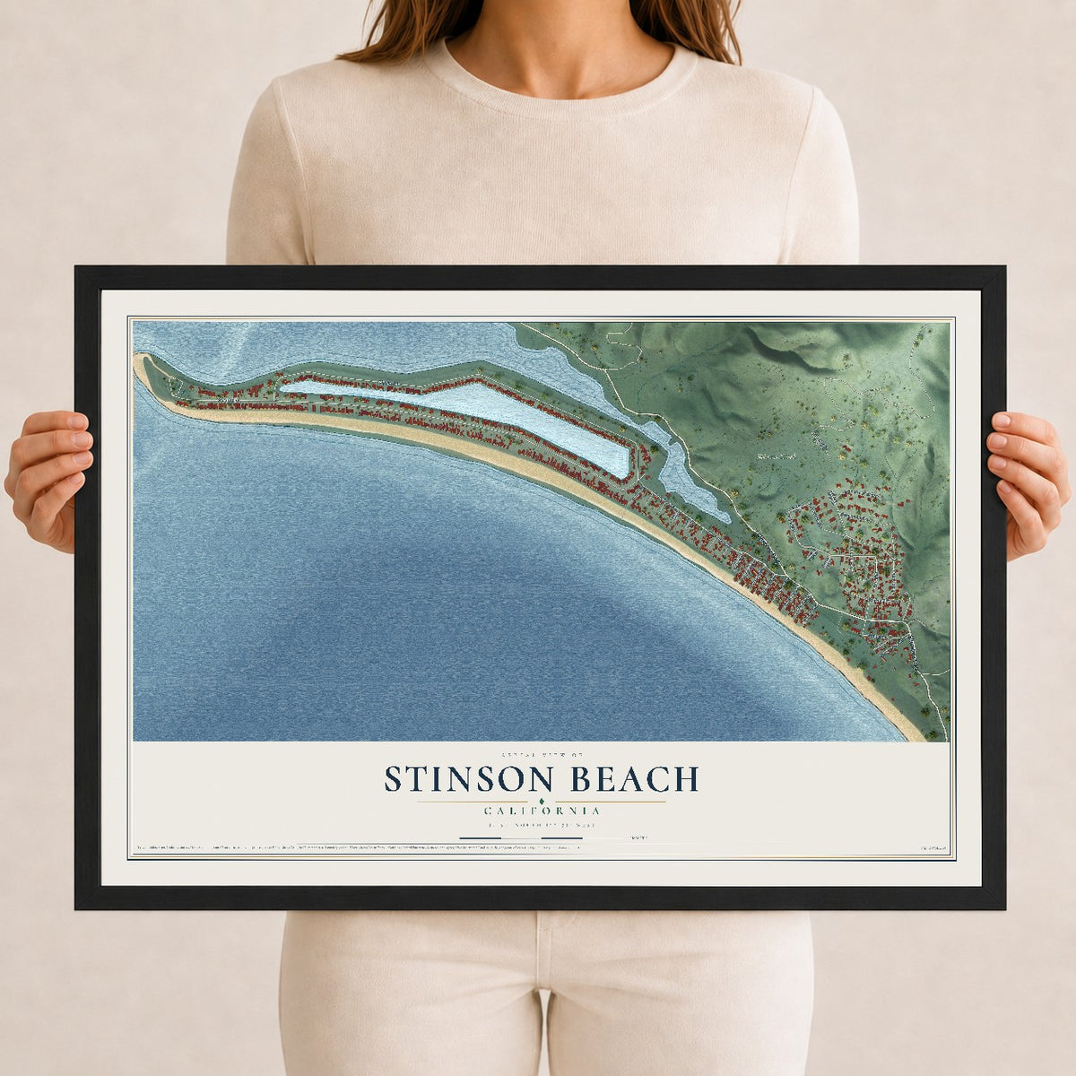 Map of Stinson Beach, California, 12 x 18 inch print in a black wood frame