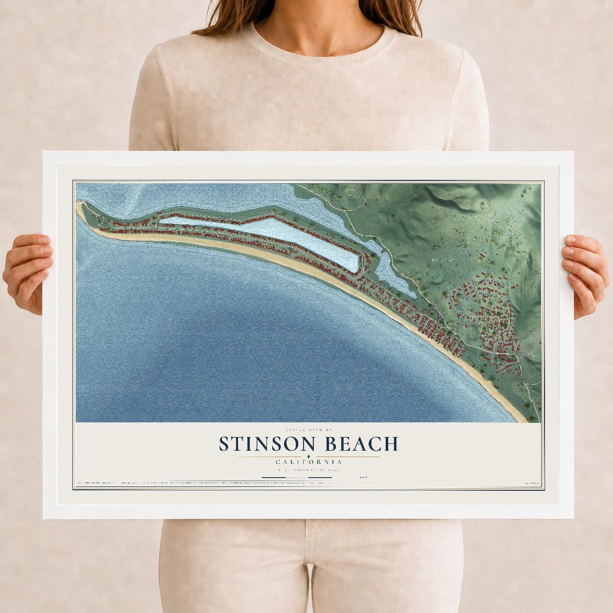 Map of Stinson Beach, California, 12 x 18 inch print in a white wood frame