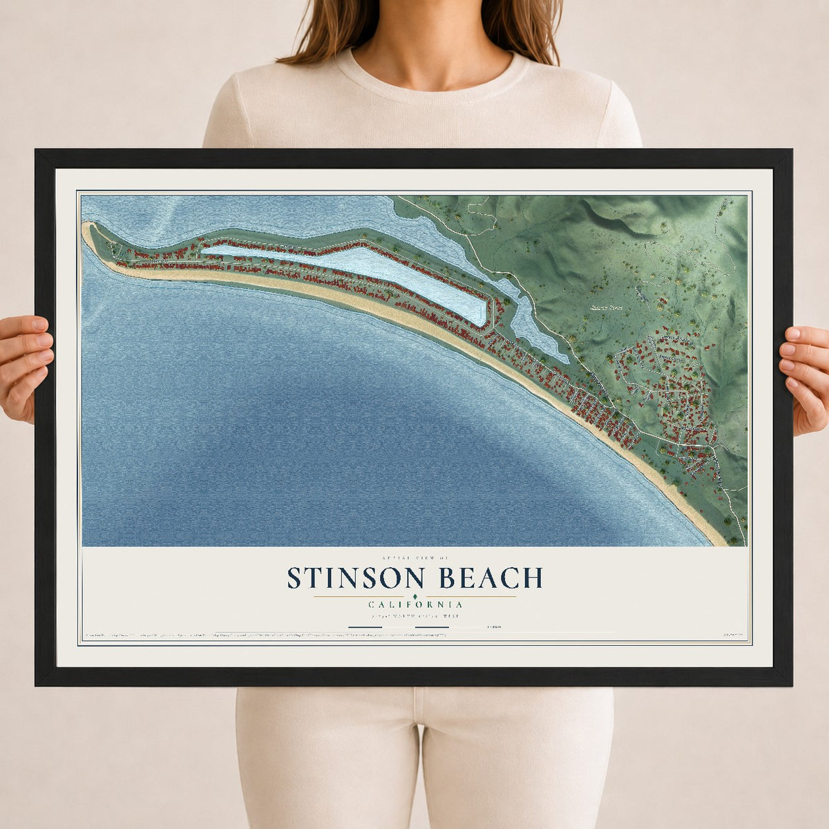 Map of Stinson Beach, California, 18 x 24 inch print in a black wood frame