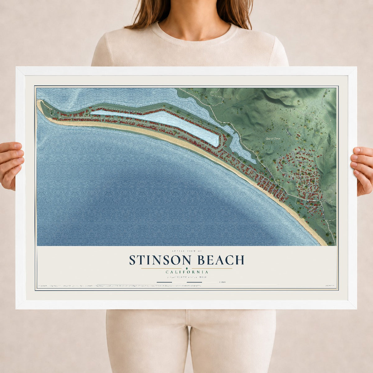 Map of Stinson Beach, California, 18 x 24 inch print in a white wood frame