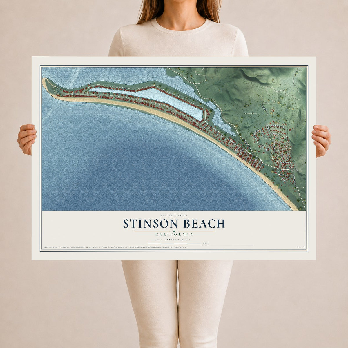 Map of Stinson Beach, California, 24 x 36 inch unframed archival matte print