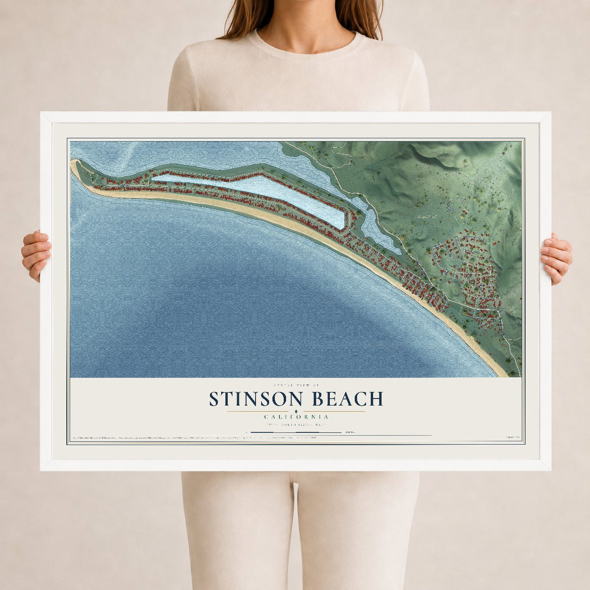Map of Stinson Beach, California, 24 x 36 inch print in a white wood frame