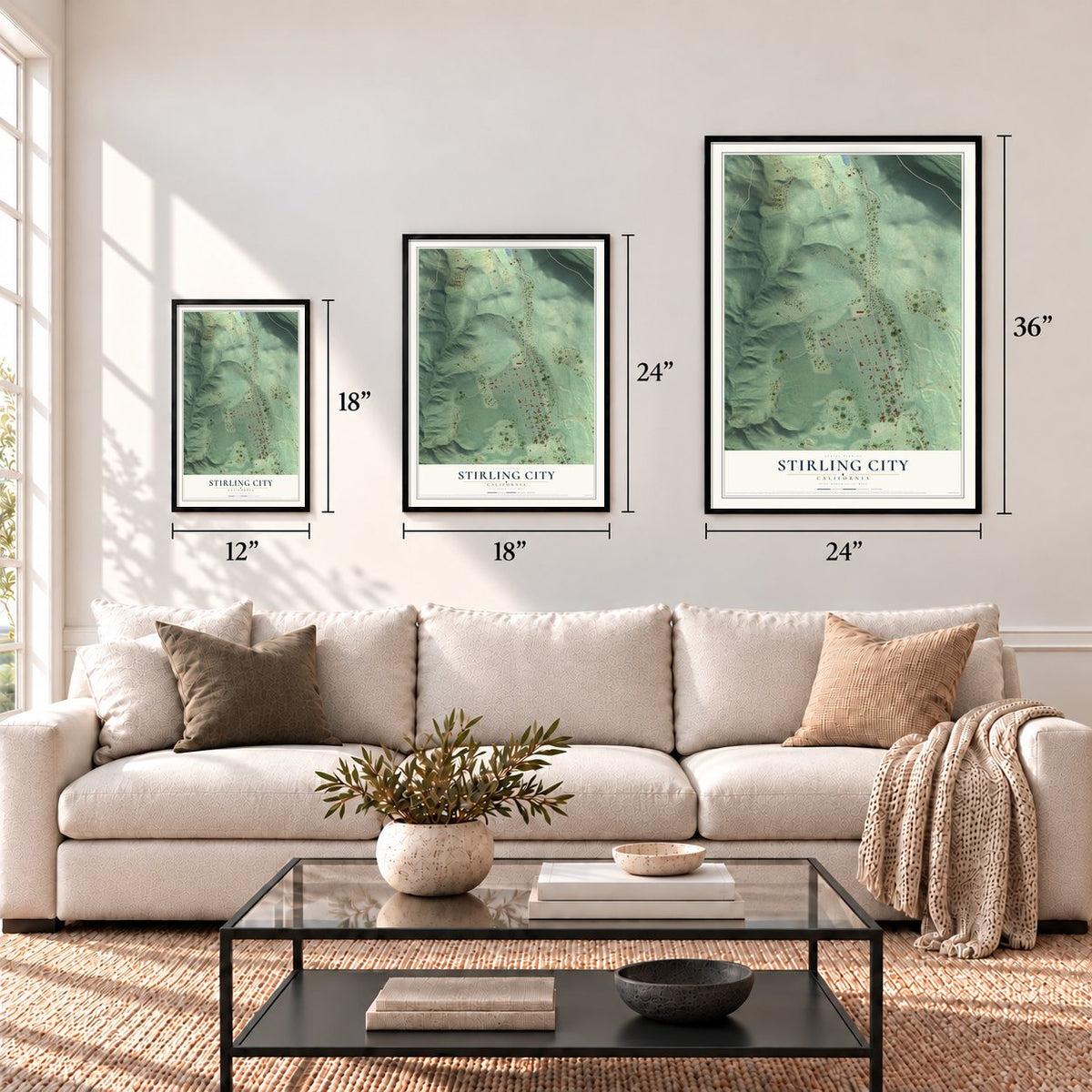 Stirling City, California map in 12 x 18, 18 x 24 and 24 x 36 inch sizes above a sofa