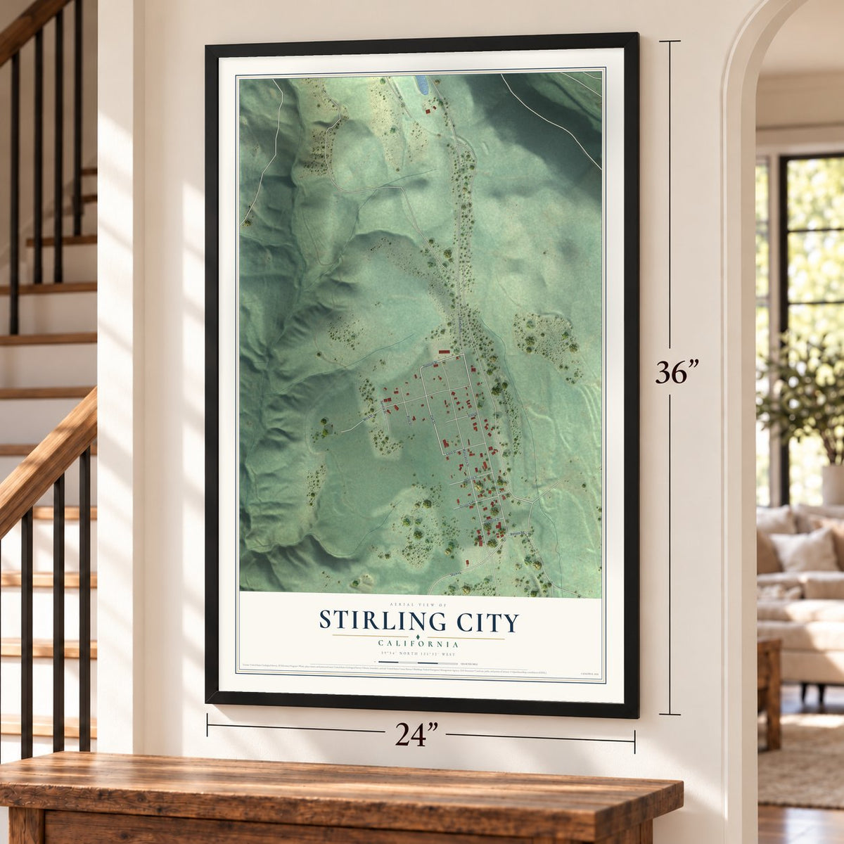 Stirling City, California map, 24 x 36 inch print in a black frame by a staircase