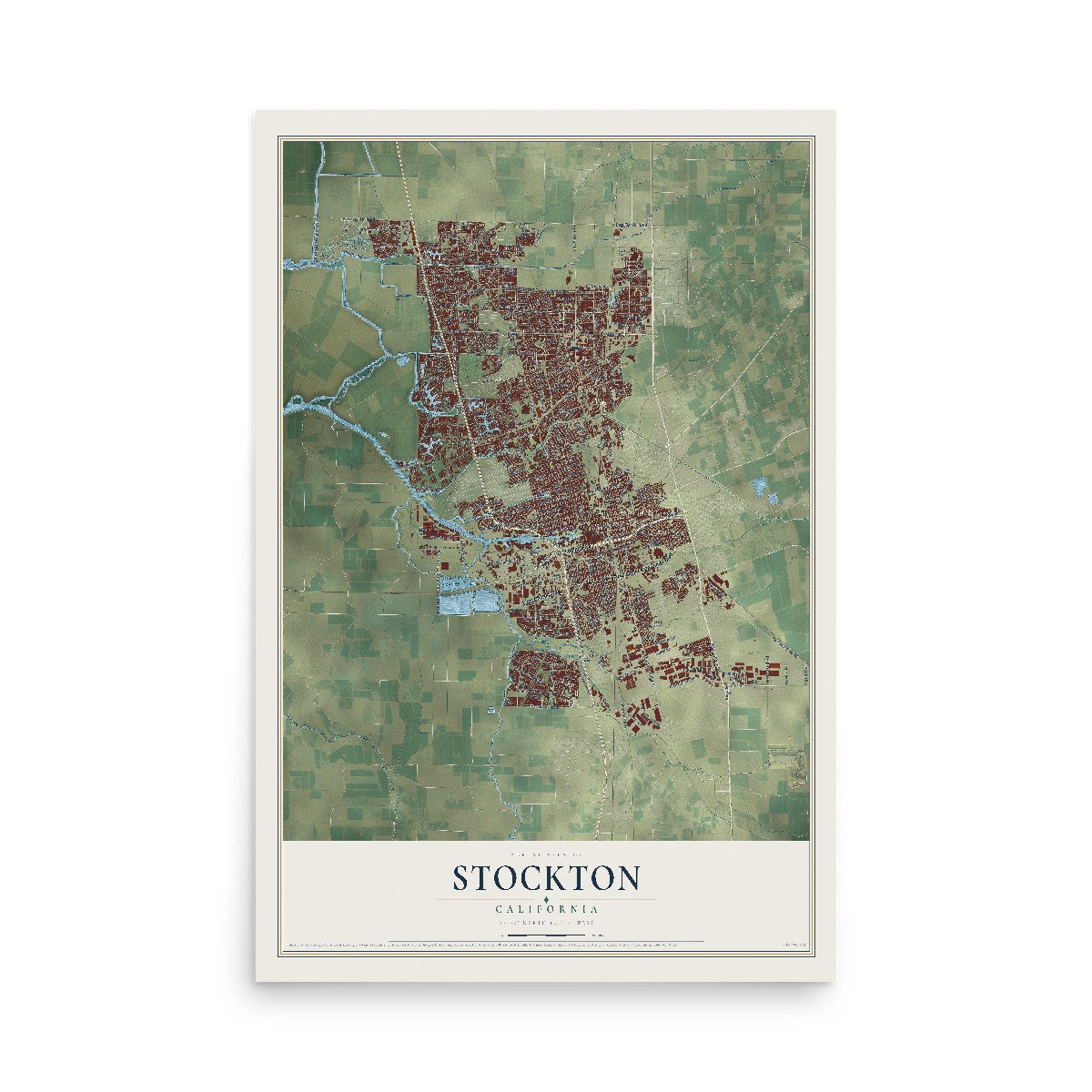 Map of Stockton, California, 12 x 18 inch unframed archival matte print