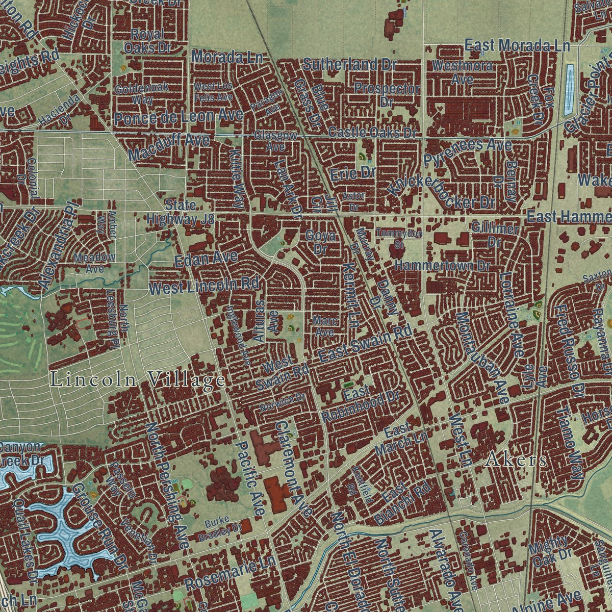 Close-up of the map of Stockton, California print showing street and building detail