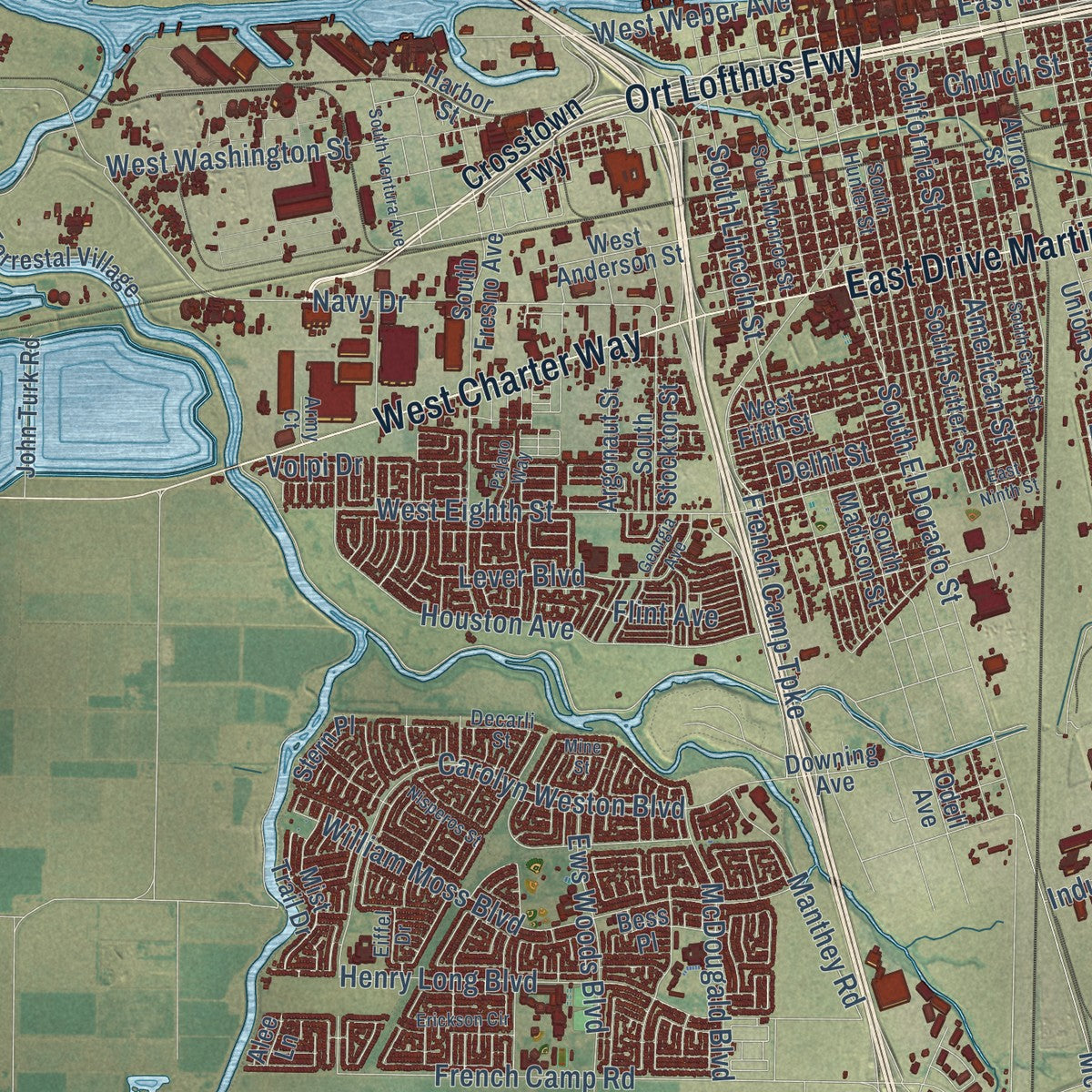 Second close-up of the map of Stockton, California print showing more streets and buildings