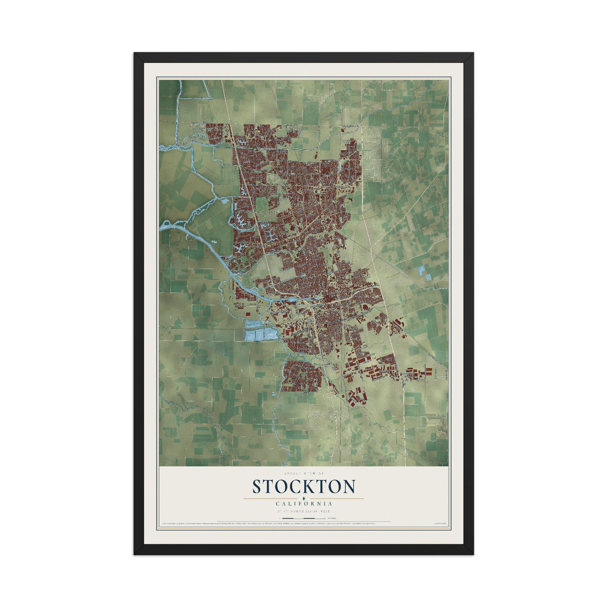 Map of Stockton, California, 12 x 18 inch print in a black wood frame