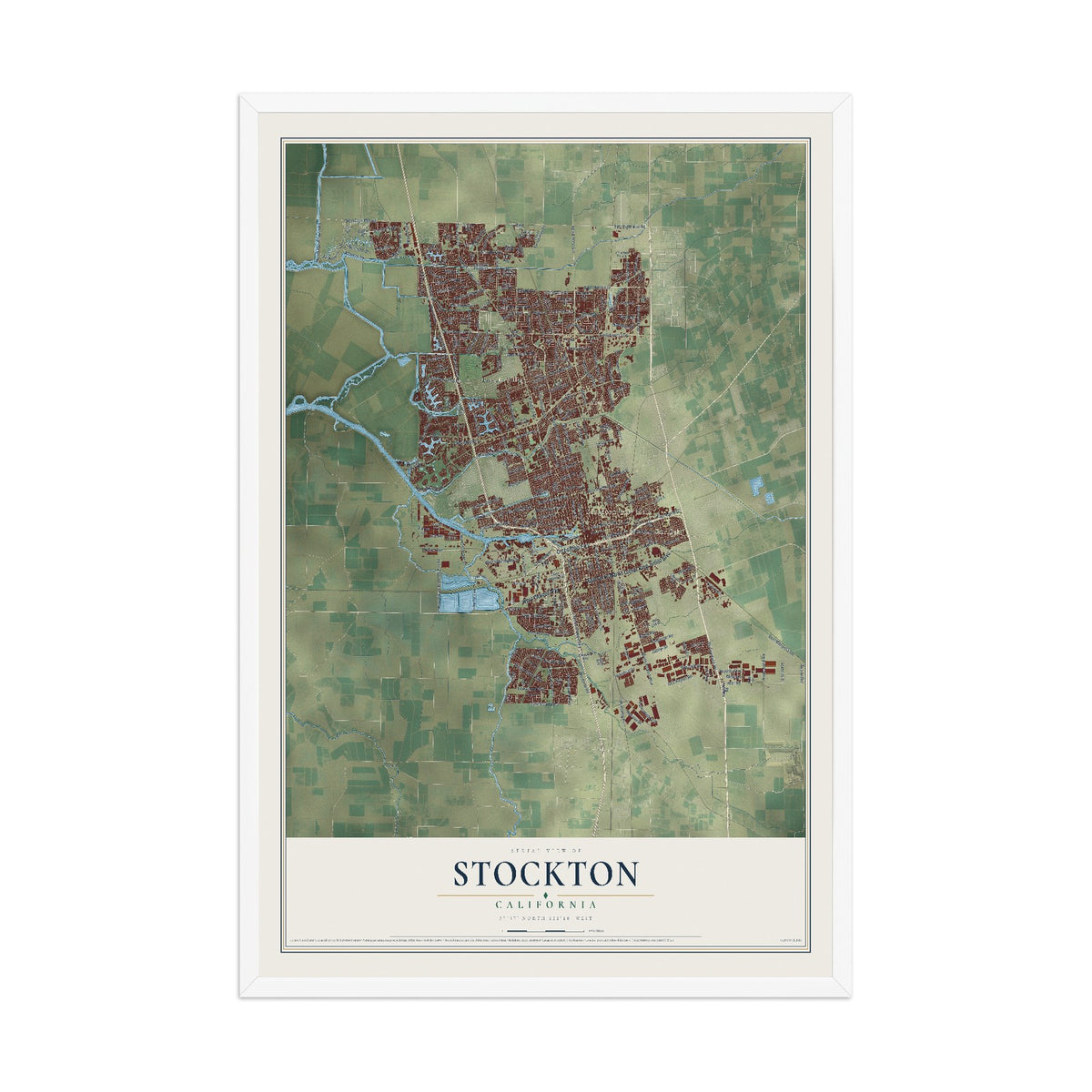 Map of Stockton, California, 12 x 18 inch print in a white wood frame