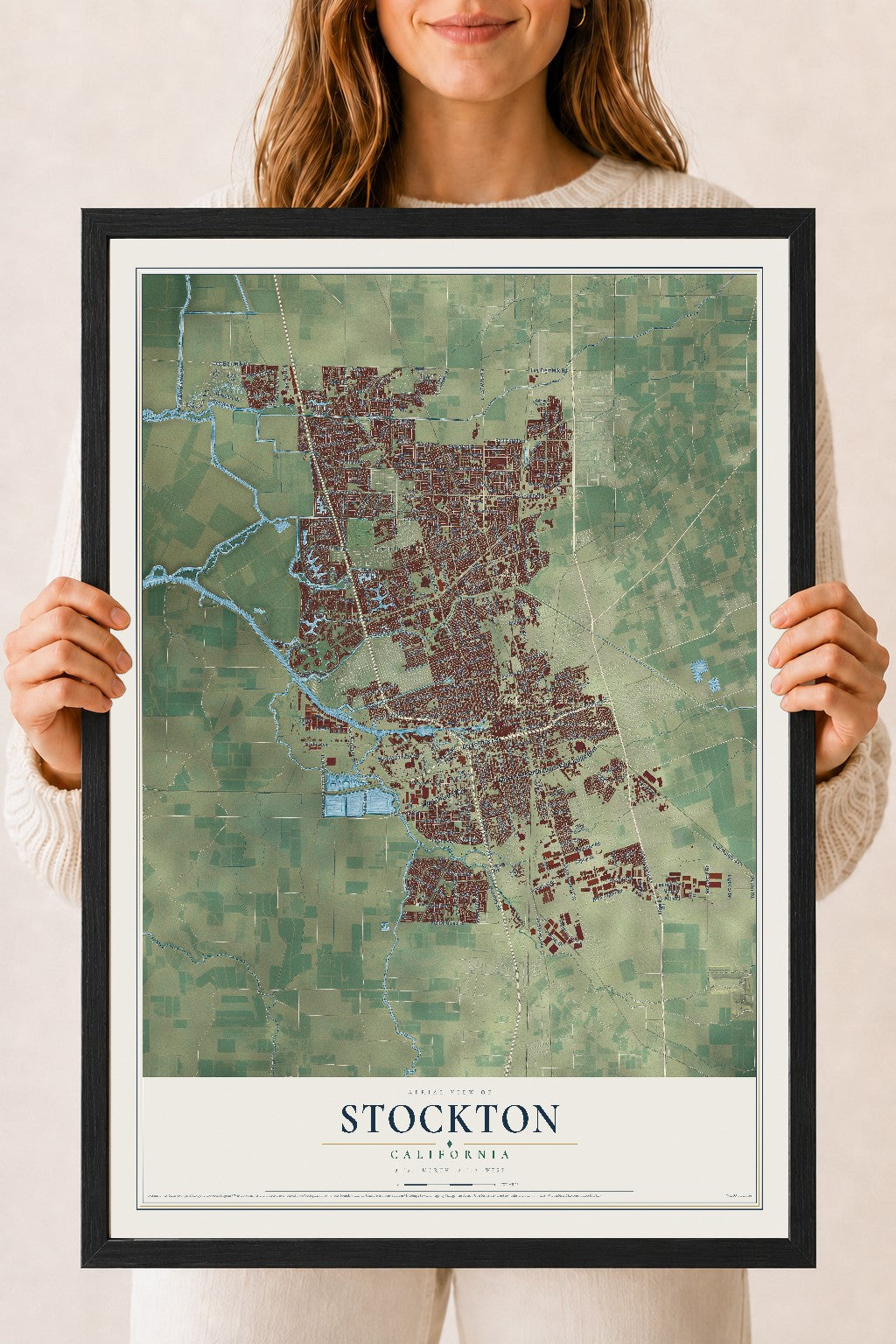 Map of Stockton, California, 18 x 24 inch print in a black wood frame
