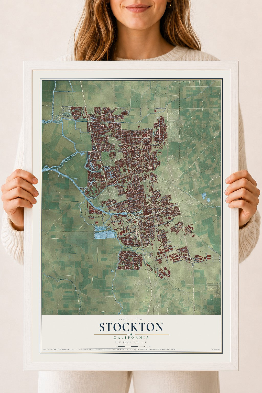 Map of Stockton, California, 18 x 24 inch print in a white wood frame