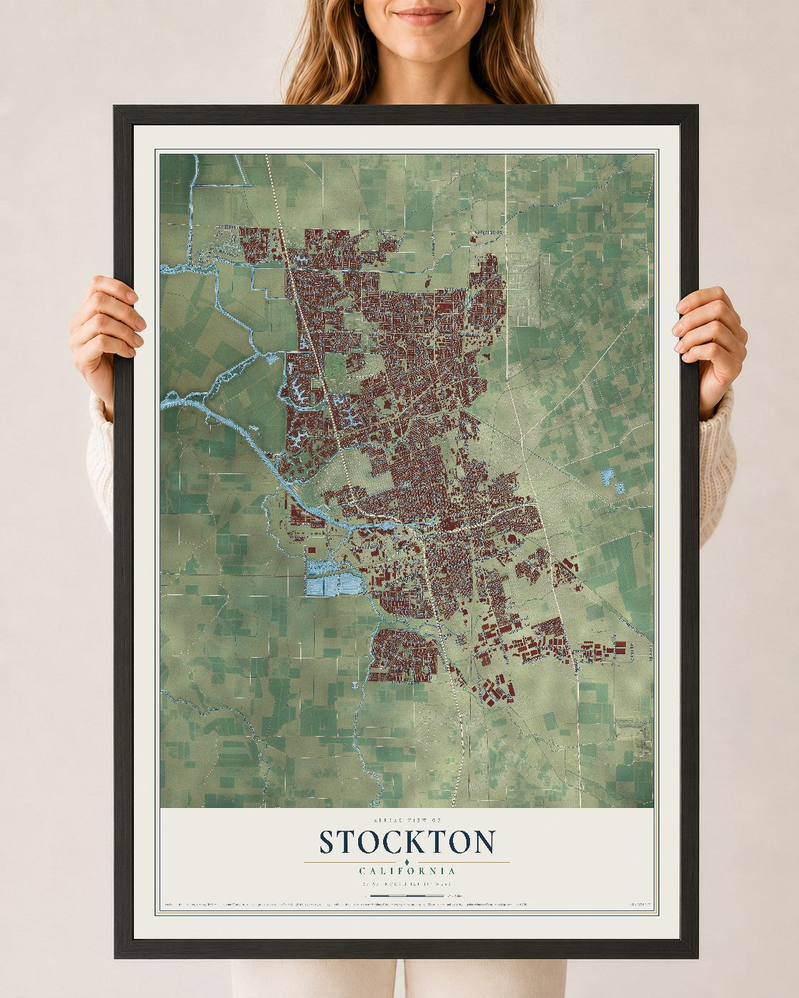 Map of Stockton, California, 24 x 36 inch print in a black wood frame