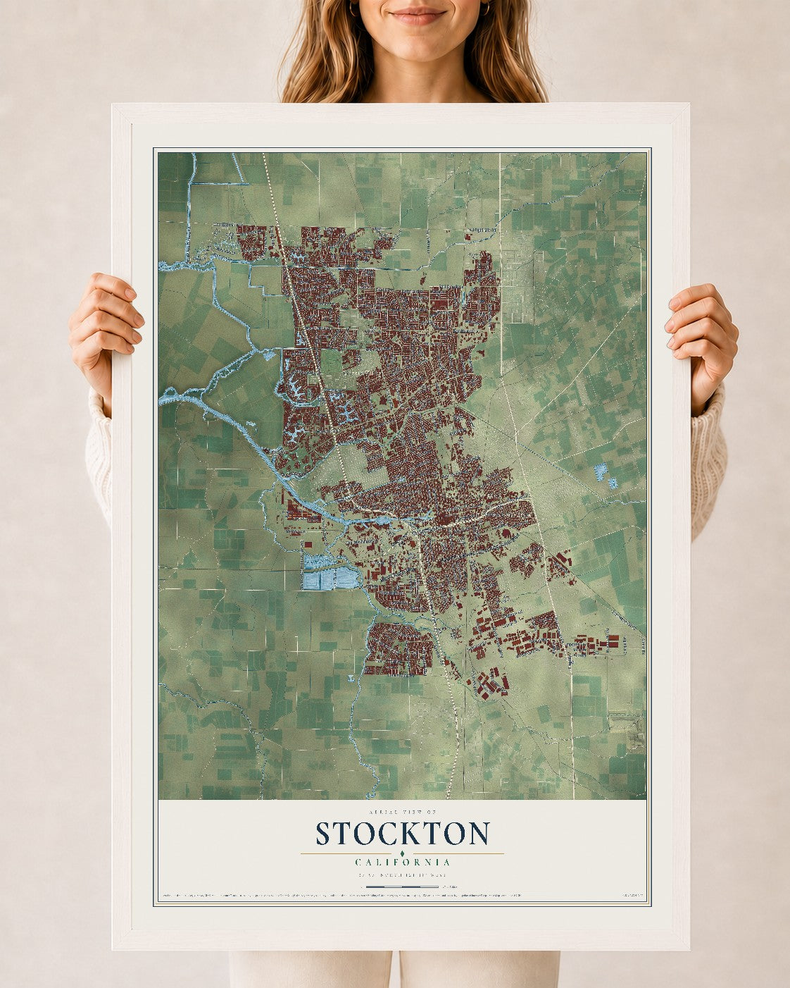 Map of Stockton, California, 24 x 36 inch print in a white wood frame