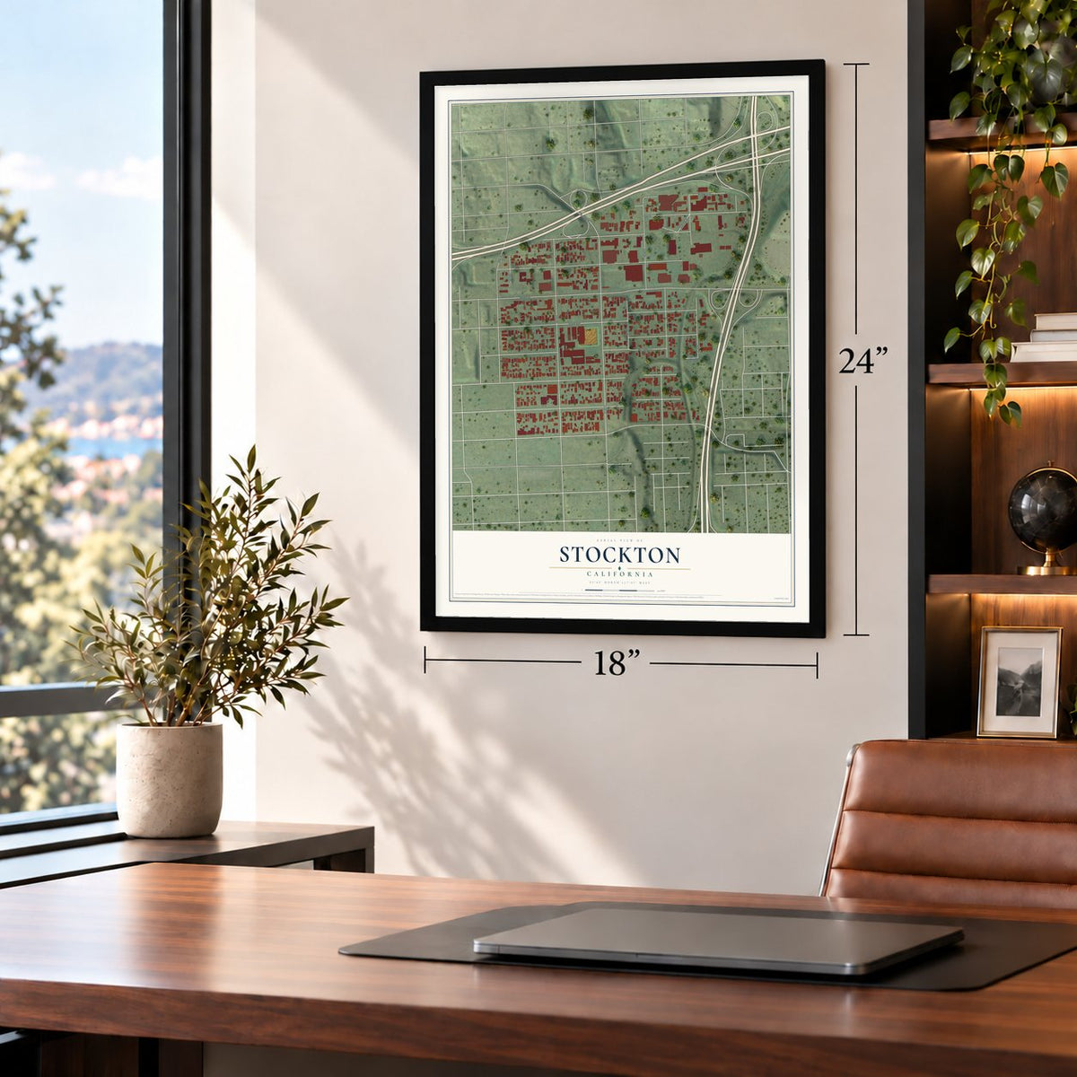 Stockton, San Diego, California map, 18 x 24 inch print in a black frame in a home office