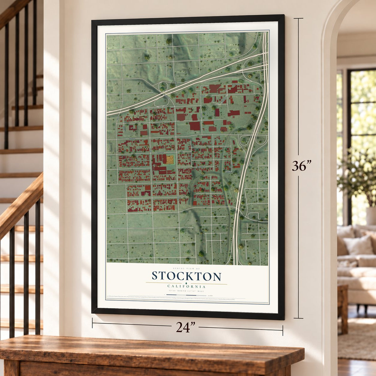 Stockton, San Diego, California map, 24 x 36 inch print in a black frame by a staircase