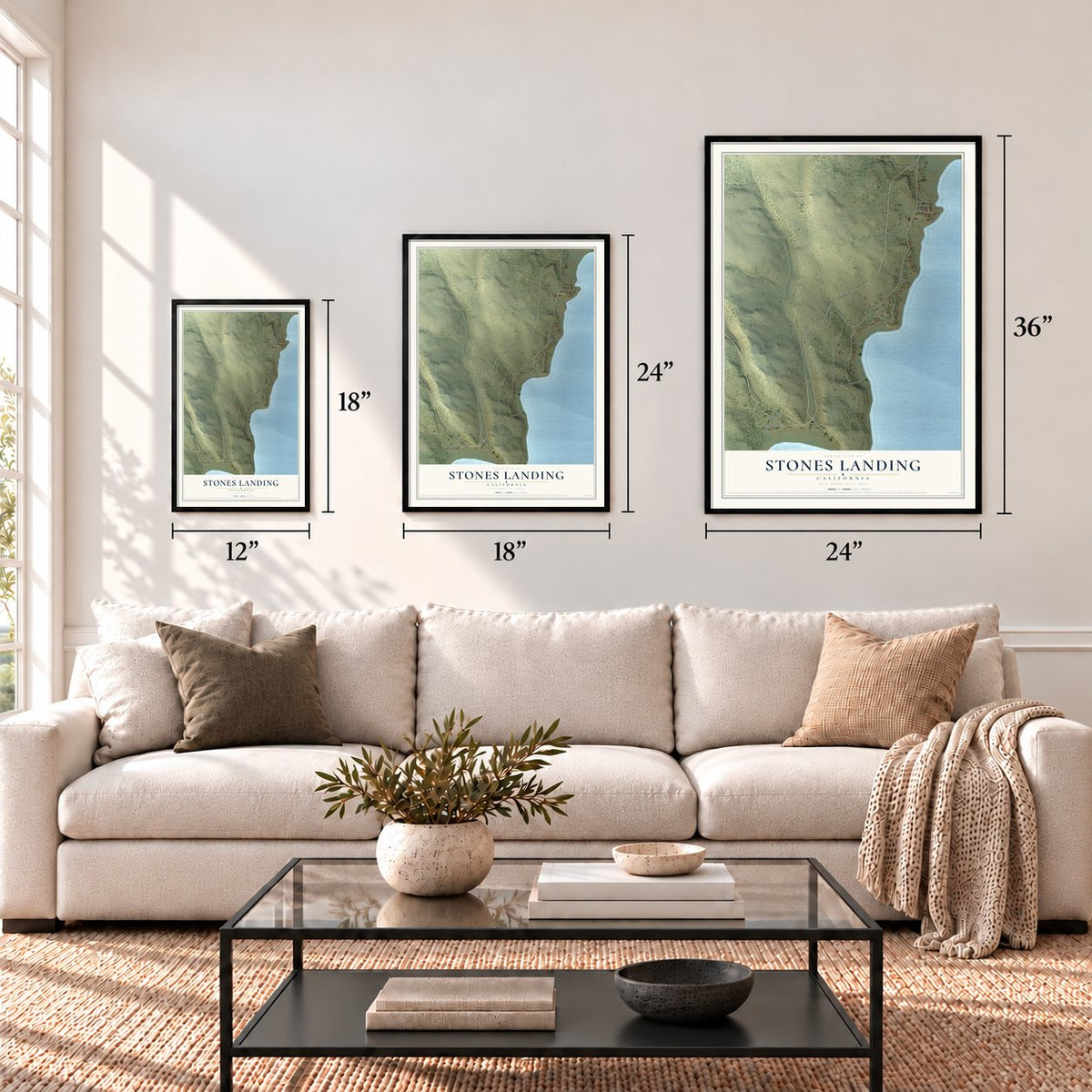 Stones Landing, California map in 12 x 18, 18 x 24 and 24 x 36 inch sizes above a sofa