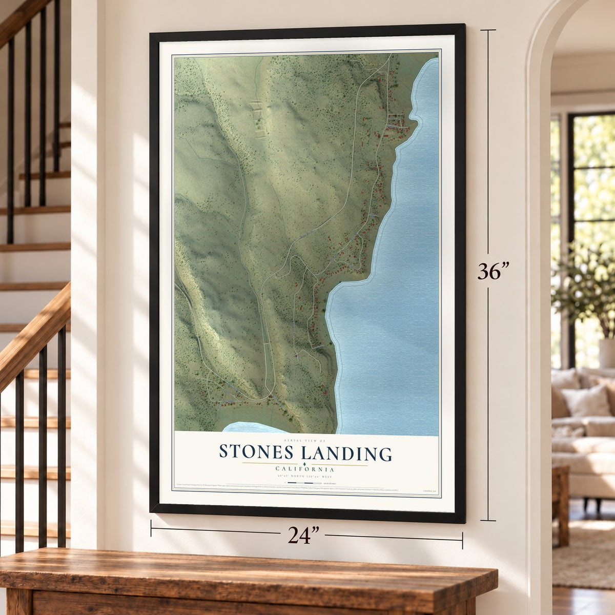 Stones Landing, California map, 24 x 36 inch print in a black frame by a staircase