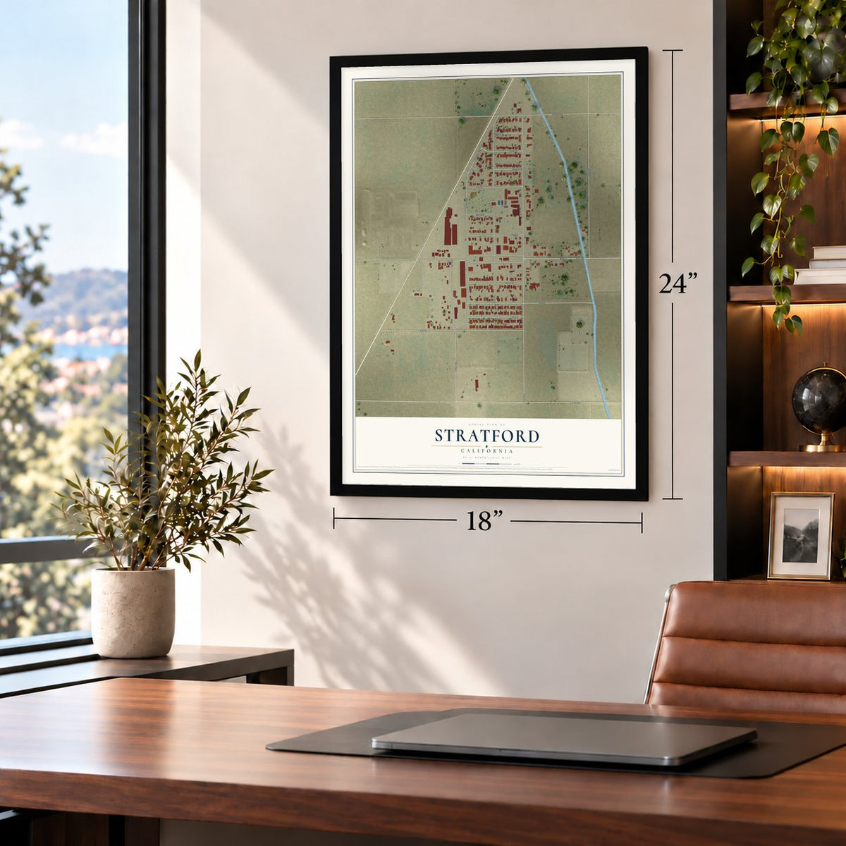 Stratford, California map, 18 x 24 inch print in a black frame in a home office
