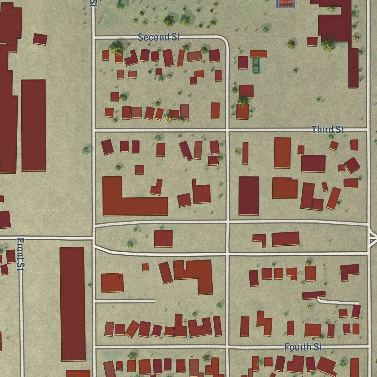 Close-up of the map of Stratford, California print showing street and building detail