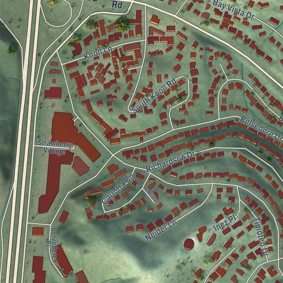 Close-up of the map of Strawberry, California print showing street and building detail