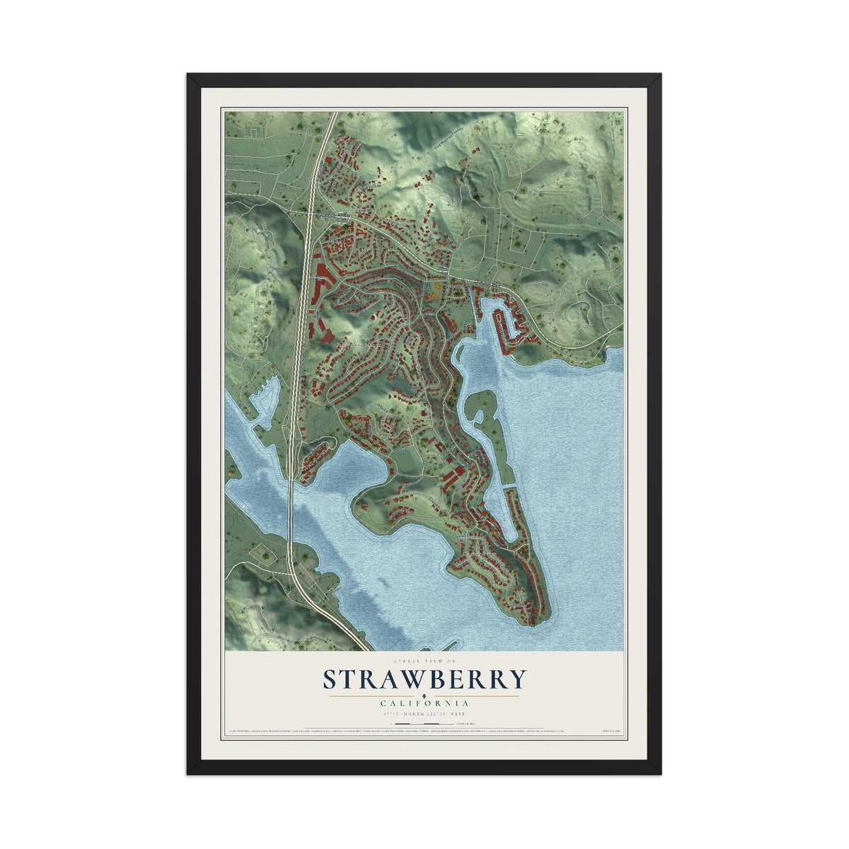 Map of Strawberry, California, 12 x 18 inch print in a black wood frame