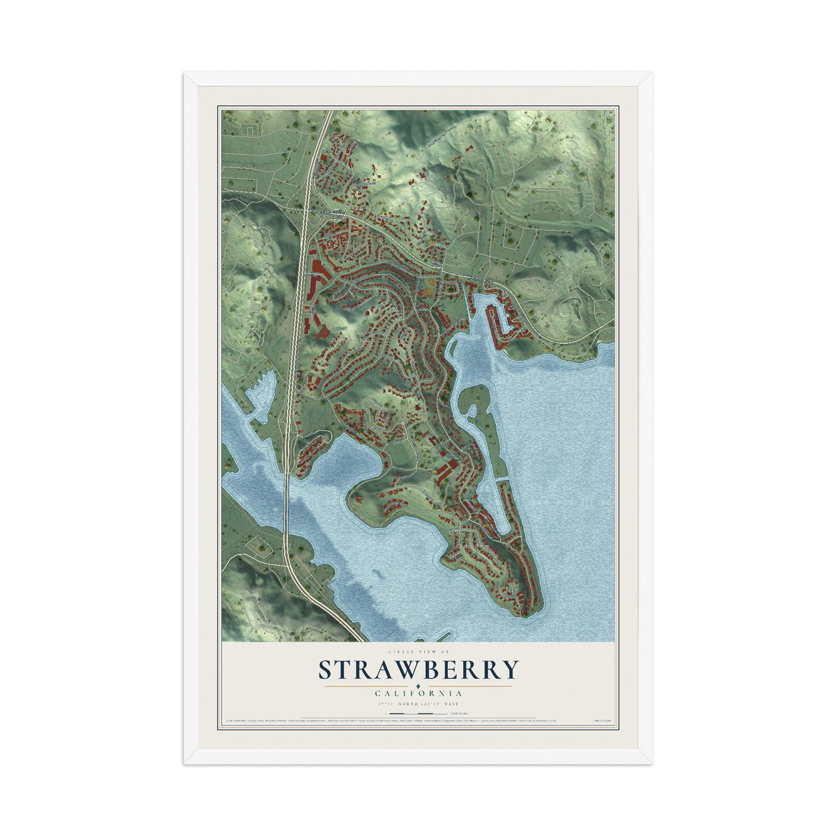 Map of Strawberry, California, 12 x 18 inch print in a white wood frame