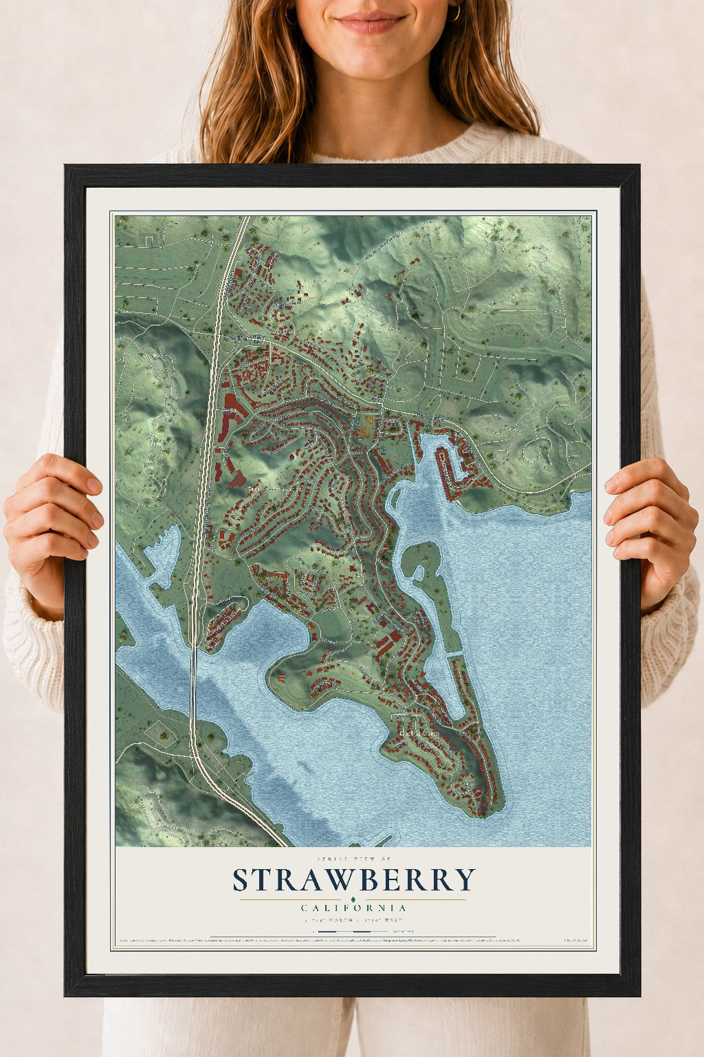 Map of Strawberry, California, 18 x 24 inch print in a black wood frame