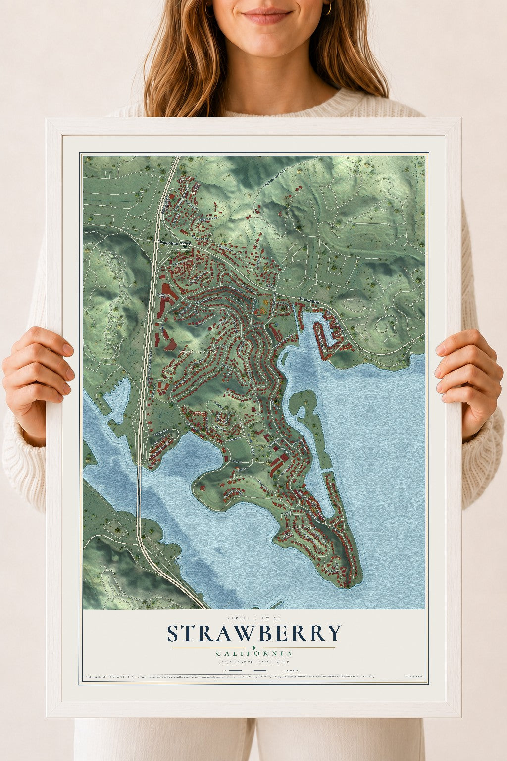 Map of Strawberry, California, 18 x 24 inch print in a white wood frame
