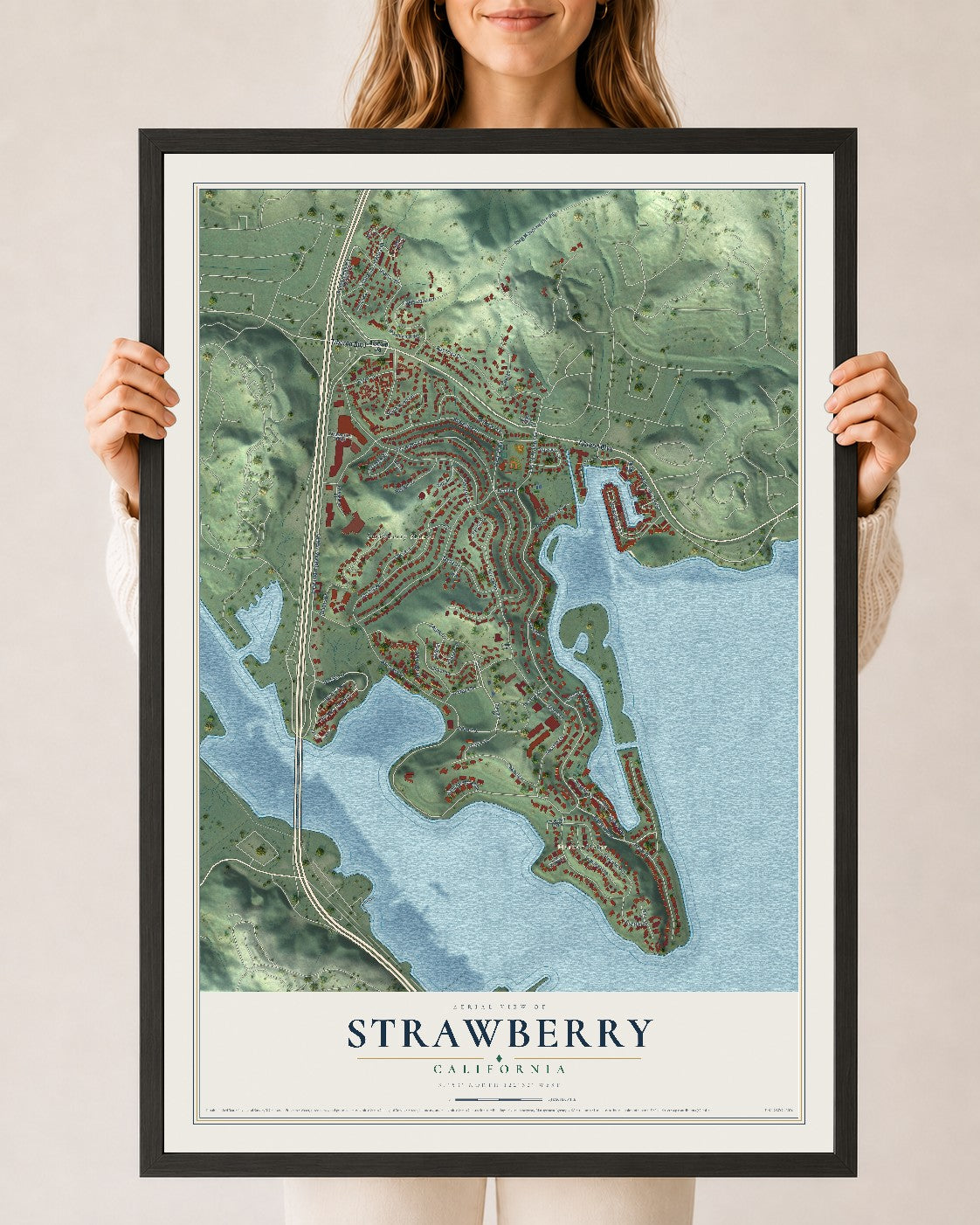Map of Strawberry, California, 24 x 36 inch print in a black wood frame