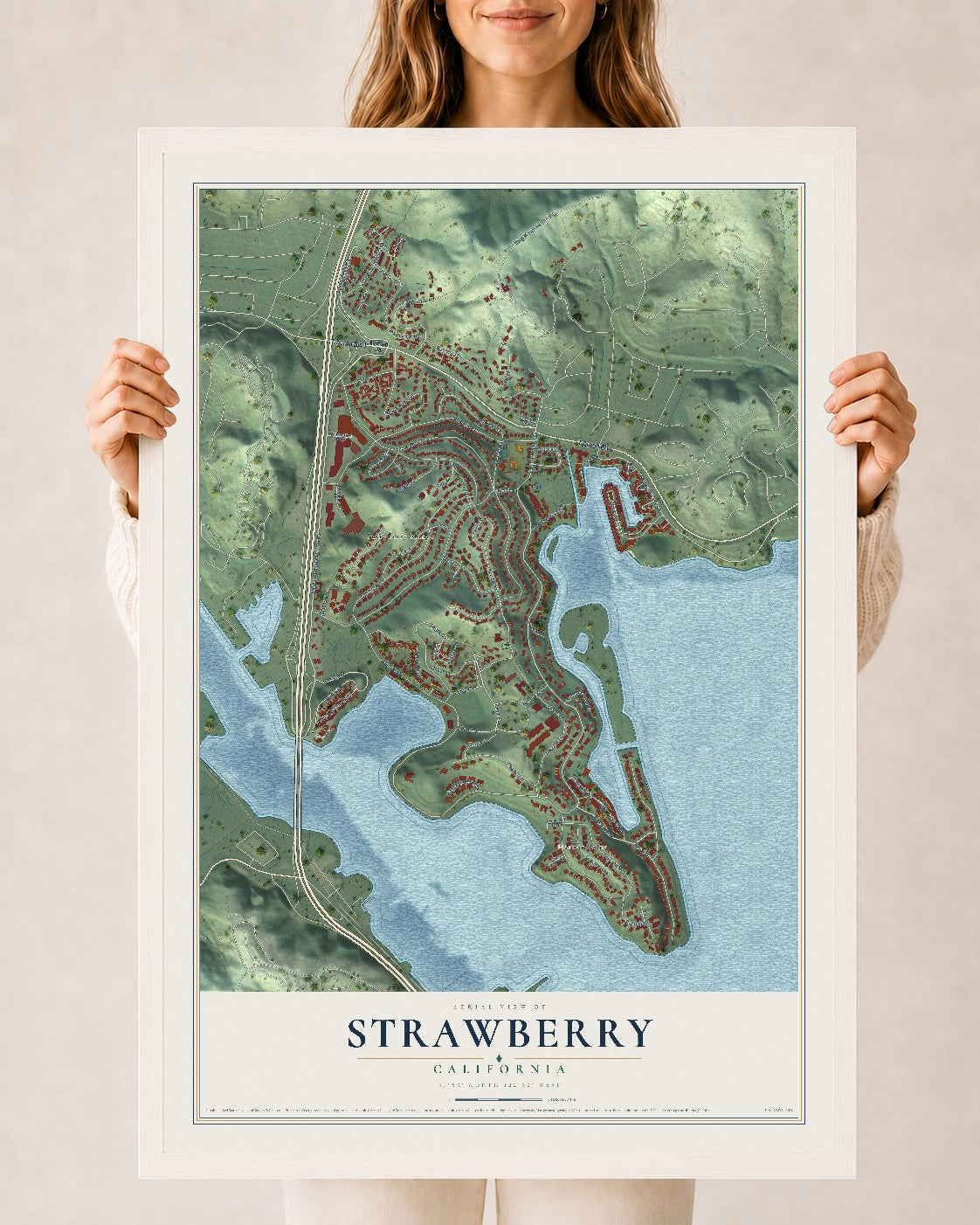 Map of Strawberry, California, 24 x 36 inch print in a white wood frame