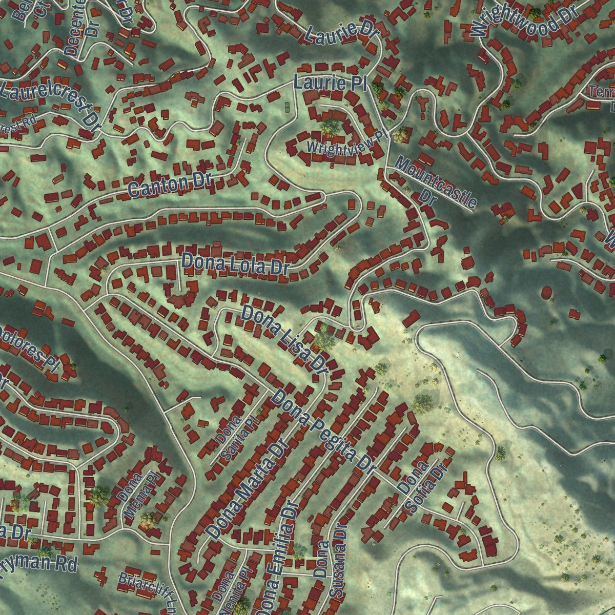 Close-up of the map of Studio City, California print showing street and building detail