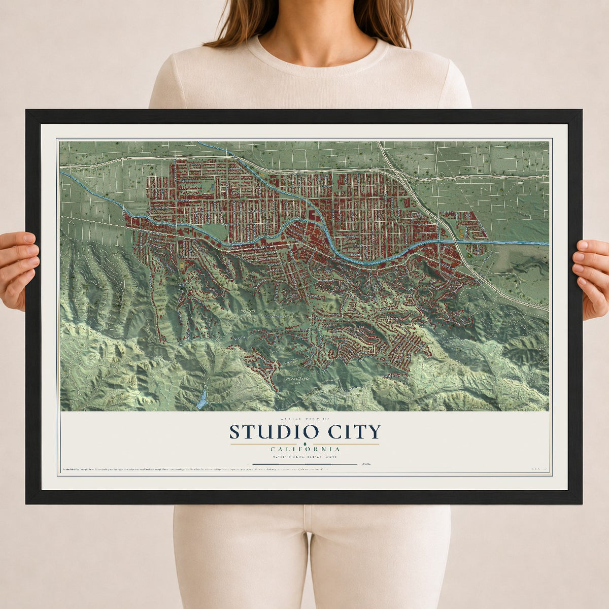 Map of Studio City, California, 18 x 24 inch print in a black wood frame