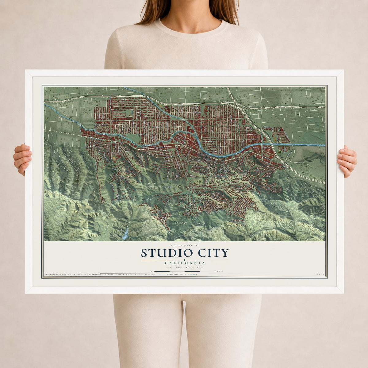 Map of Studio City, California, 24 x 36 inch print in a white wood frame