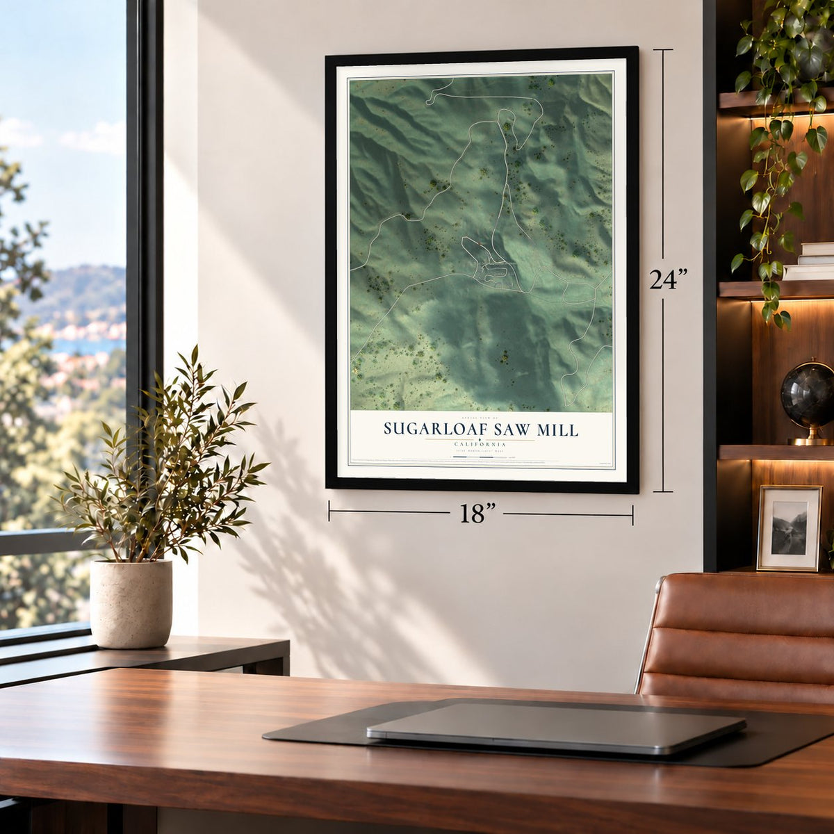 Sugarloaf Saw Mill, California map, 18 x 24 inch print in a black frame in a home office