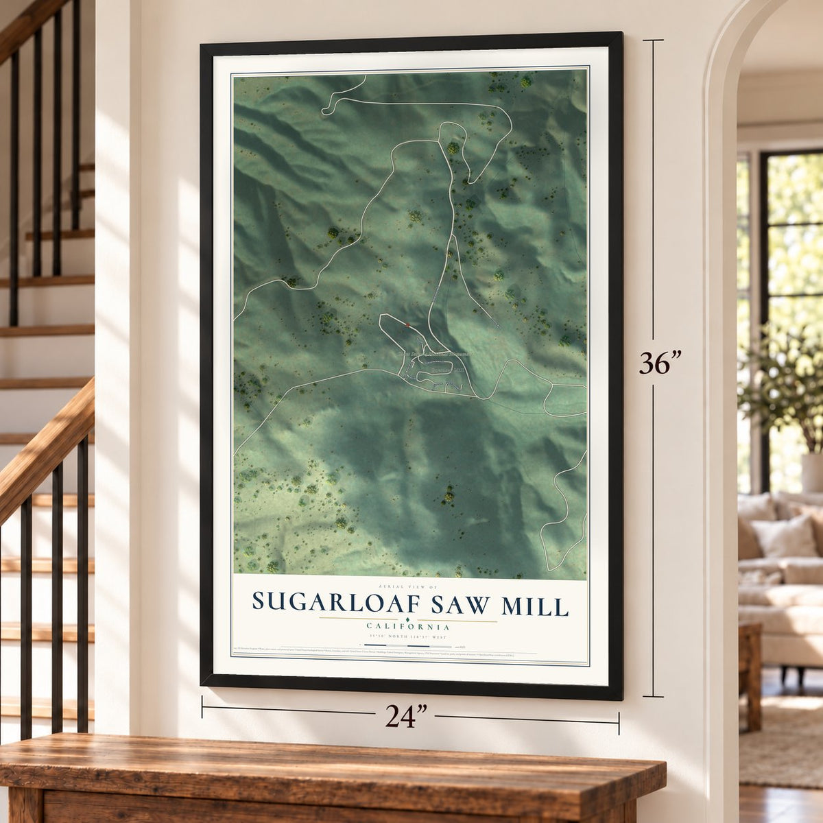 Sugarloaf Saw Mill, California map, 24 x 36 inch print in a black frame by a staircase