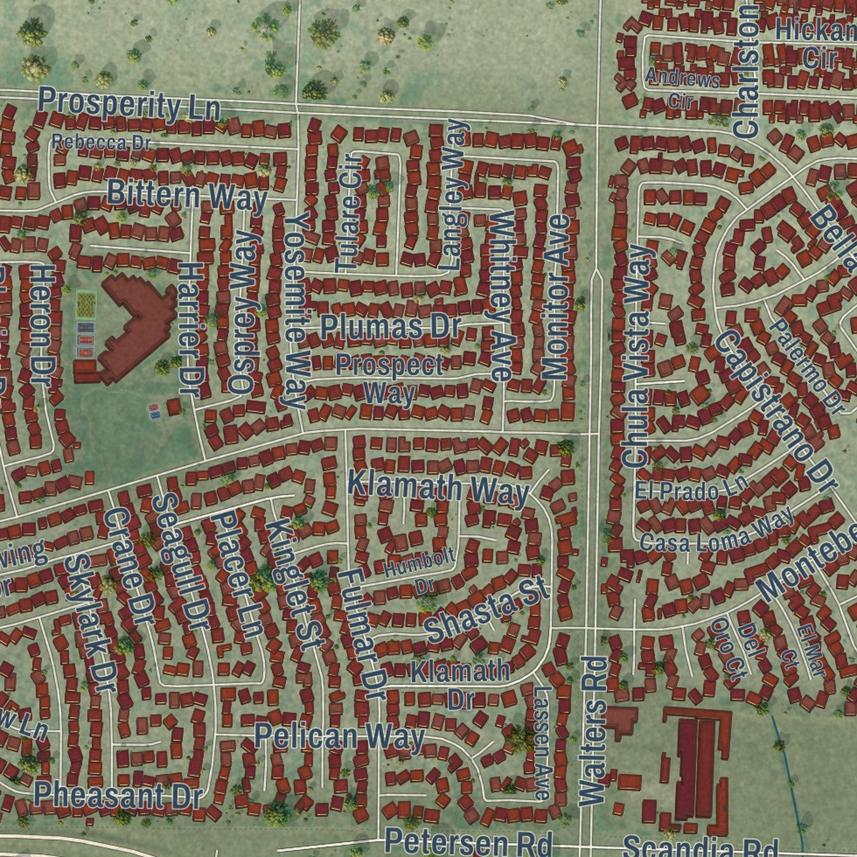 Close-up of the map of Suisun City, California print showing street and building detail