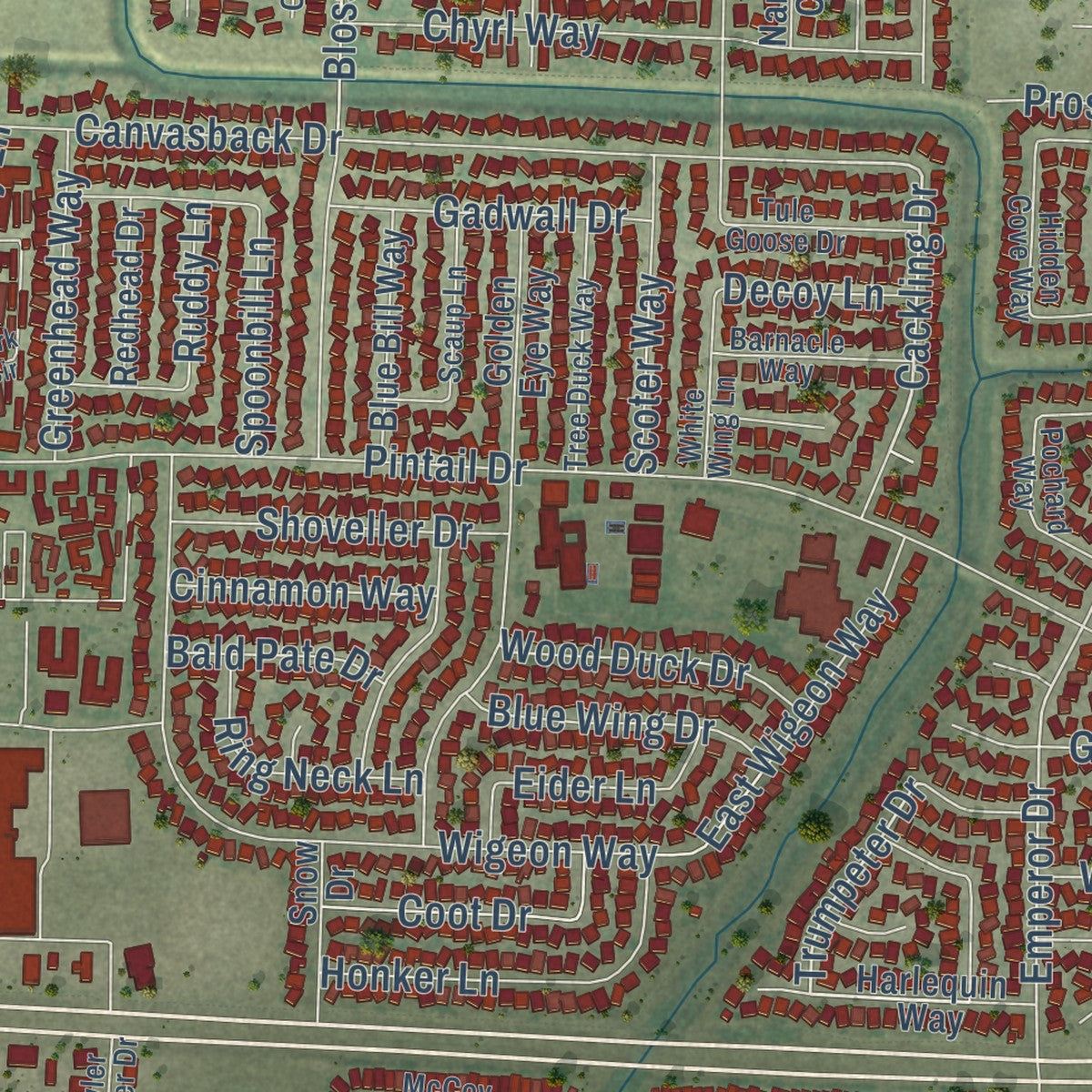 Second close-up of the map of Suisun City, California print showing more streets and buildings