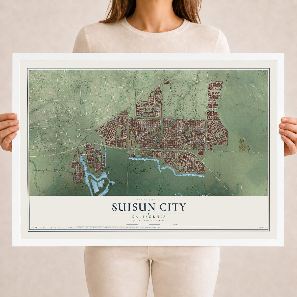 Map of Suisun City, California, 18 x 24 inch print in a white wood frame