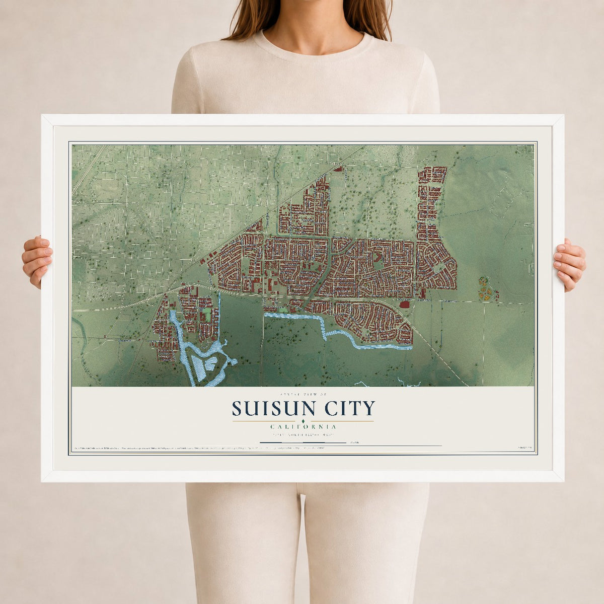 Map of Suisun City, California, 24 x 36 inch print in a white wood frame