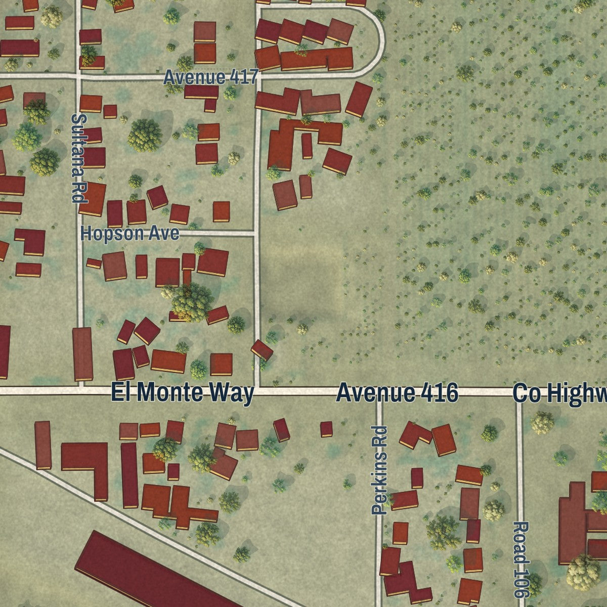Close-up of the map of Sultana, California print showing street and building detail