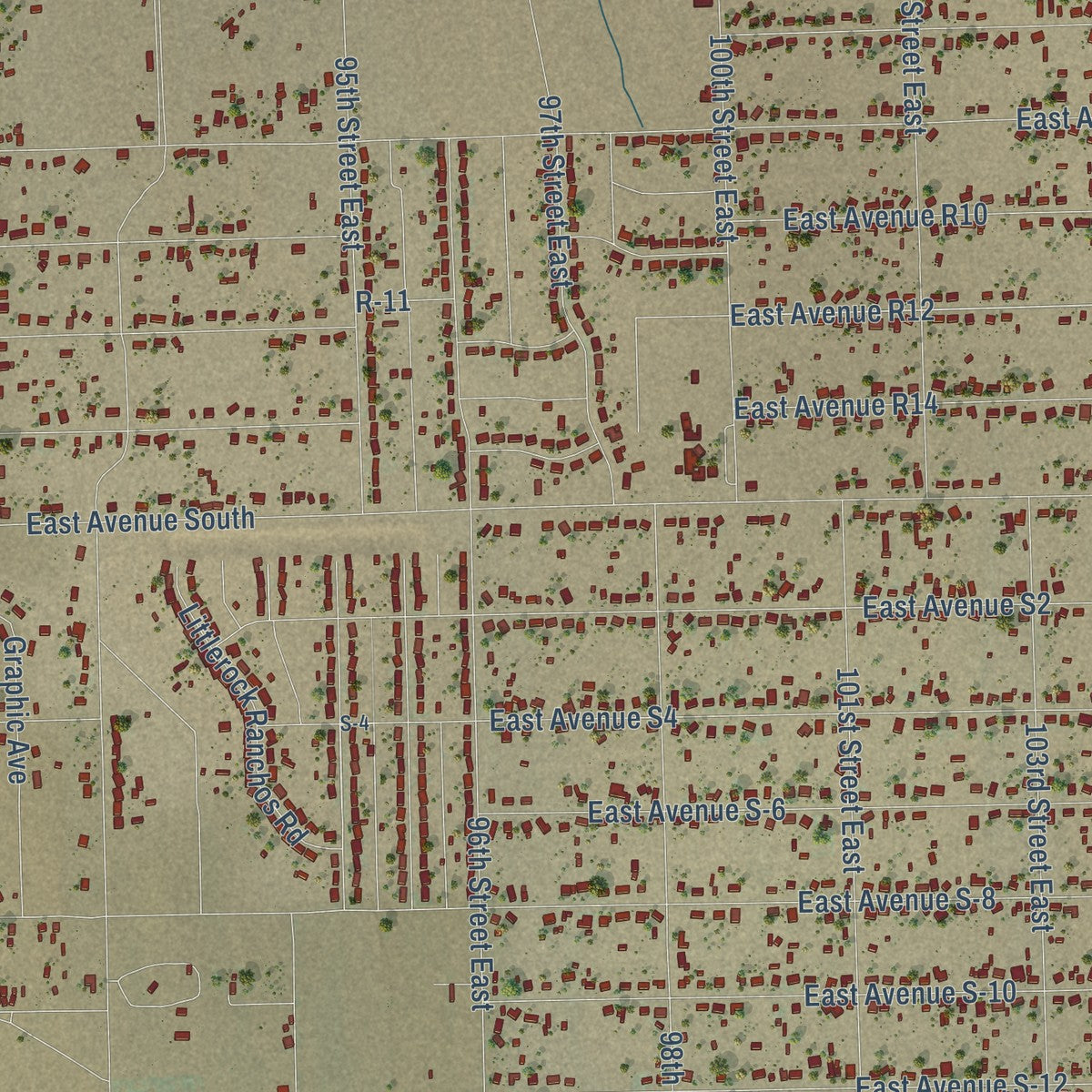 Close-up of the map of Sun Village, California print showing street and building detail