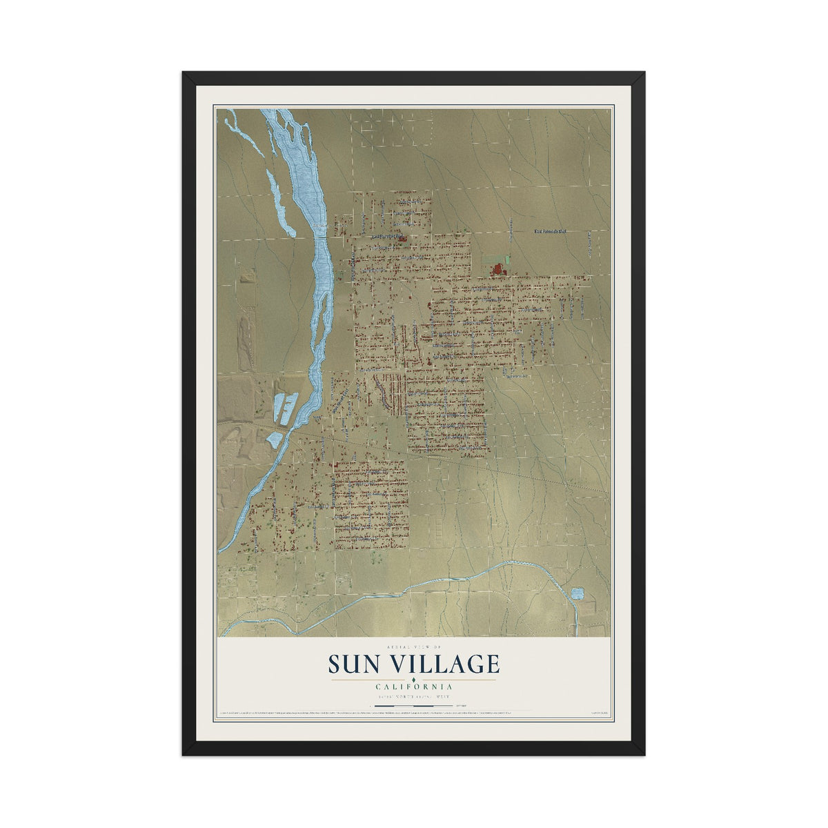 Map of Sun Village, California, 12 x 18 inch print in a black wood frame