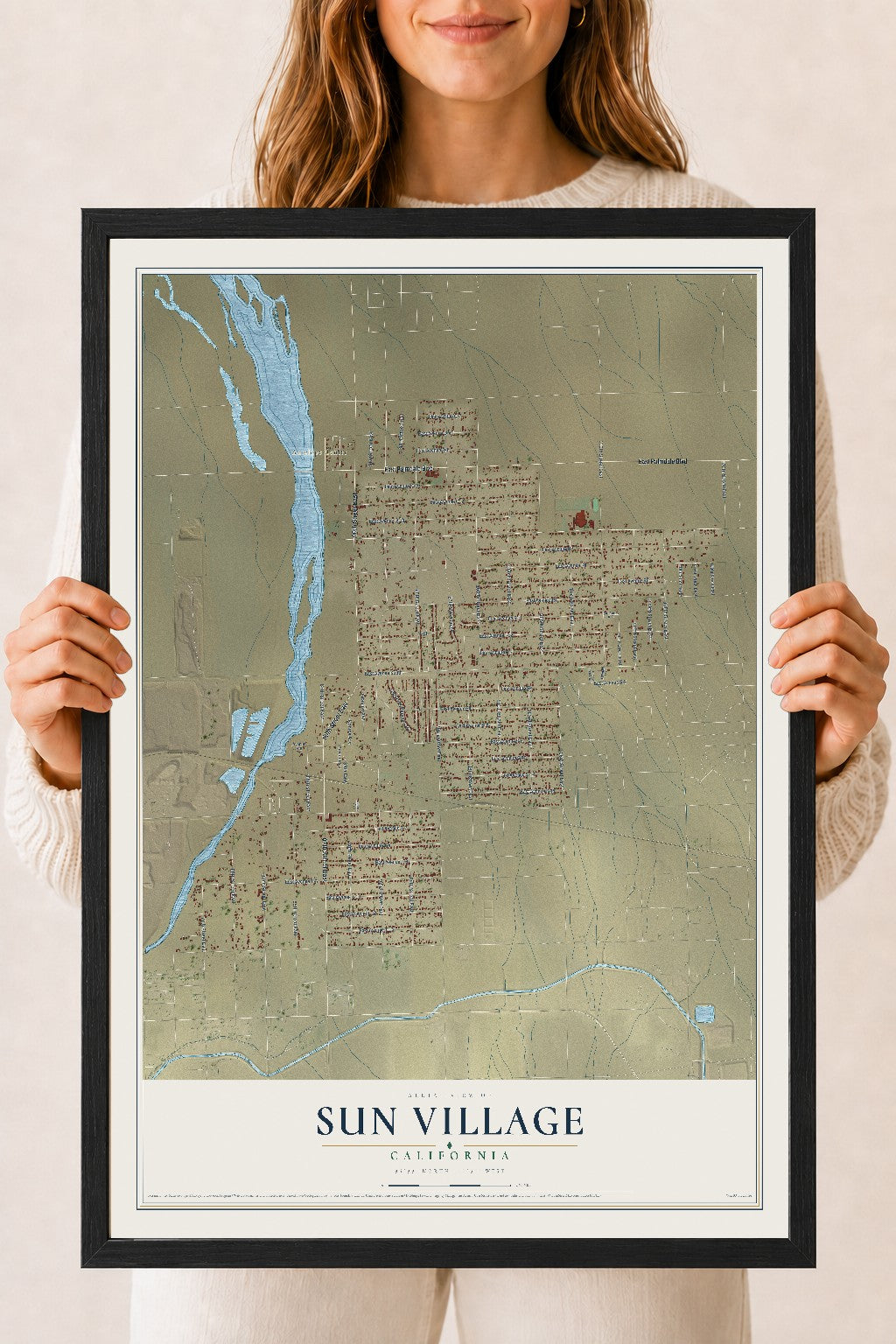 Map of Sun Village, California, 18 x 24 inch print in a black wood frame