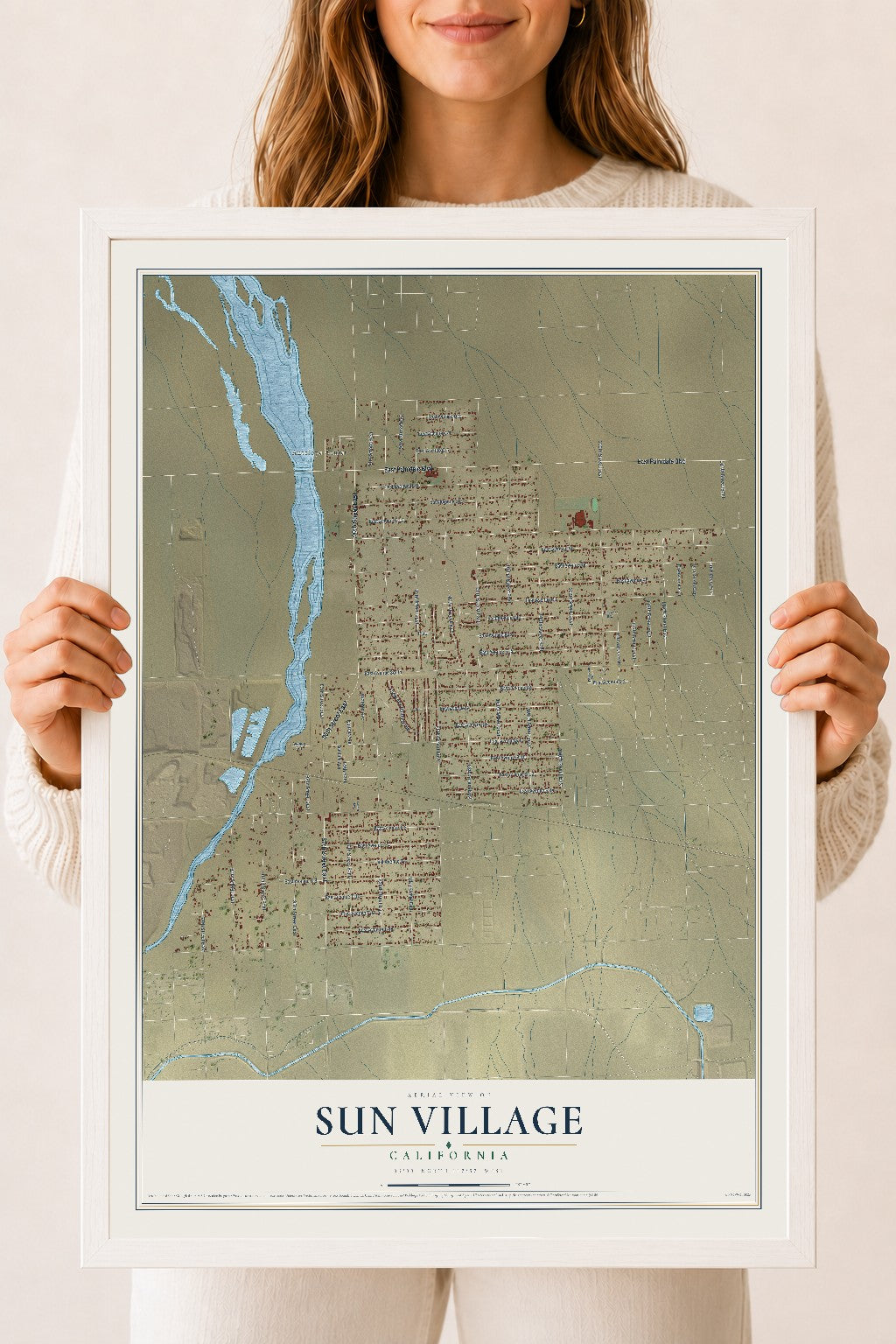 Map of Sun Village, California, 18 x 24 inch print in a white wood frame