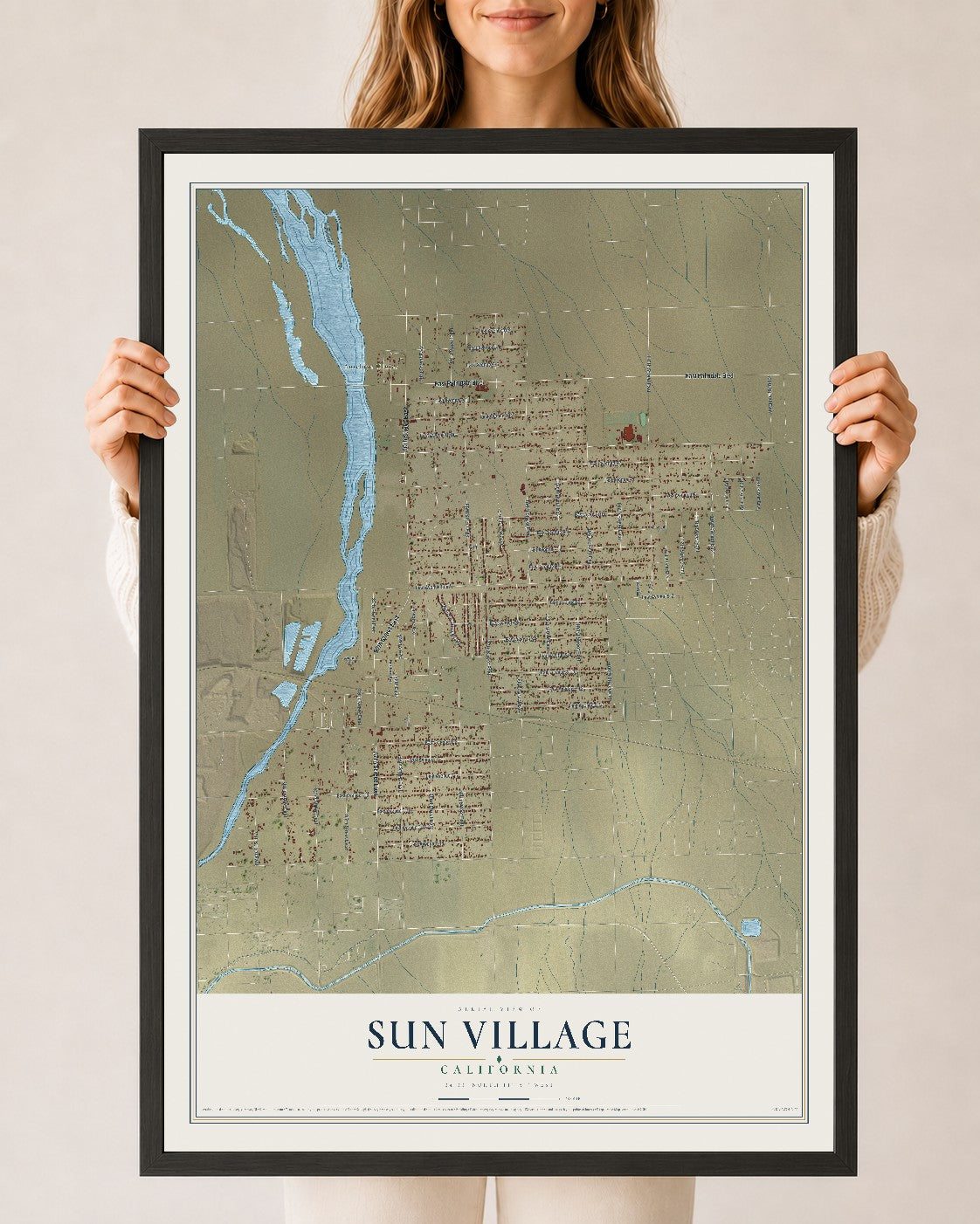 Map of Sun Village, California, 24 x 36 inch print in a black wood frame