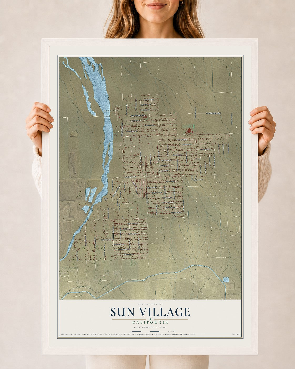 Map of Sun Village, California, 24 x 36 inch print in a white wood frame