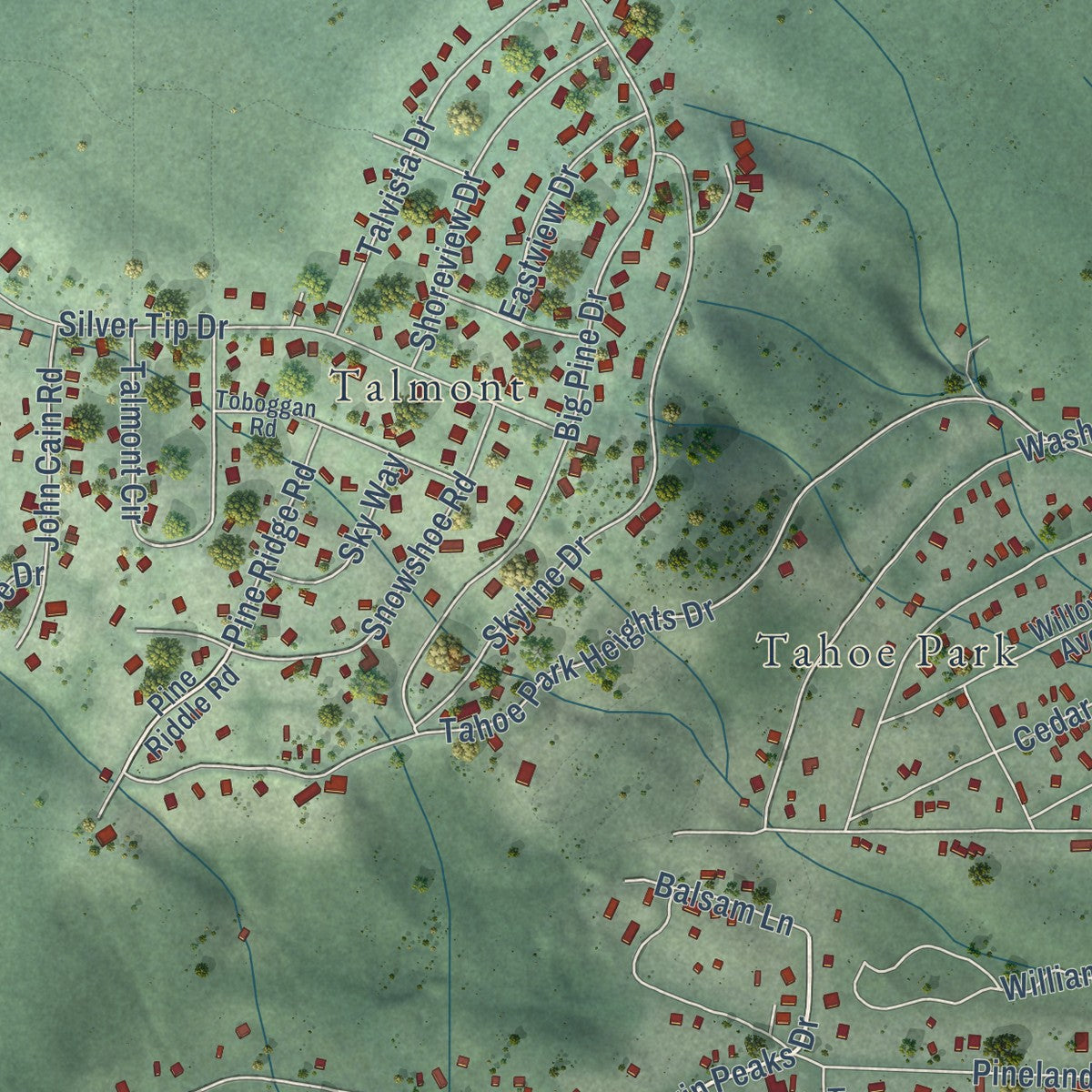 Second close-up of the map of Sunnyside-Tahoe City, California print showing more streets and buildings