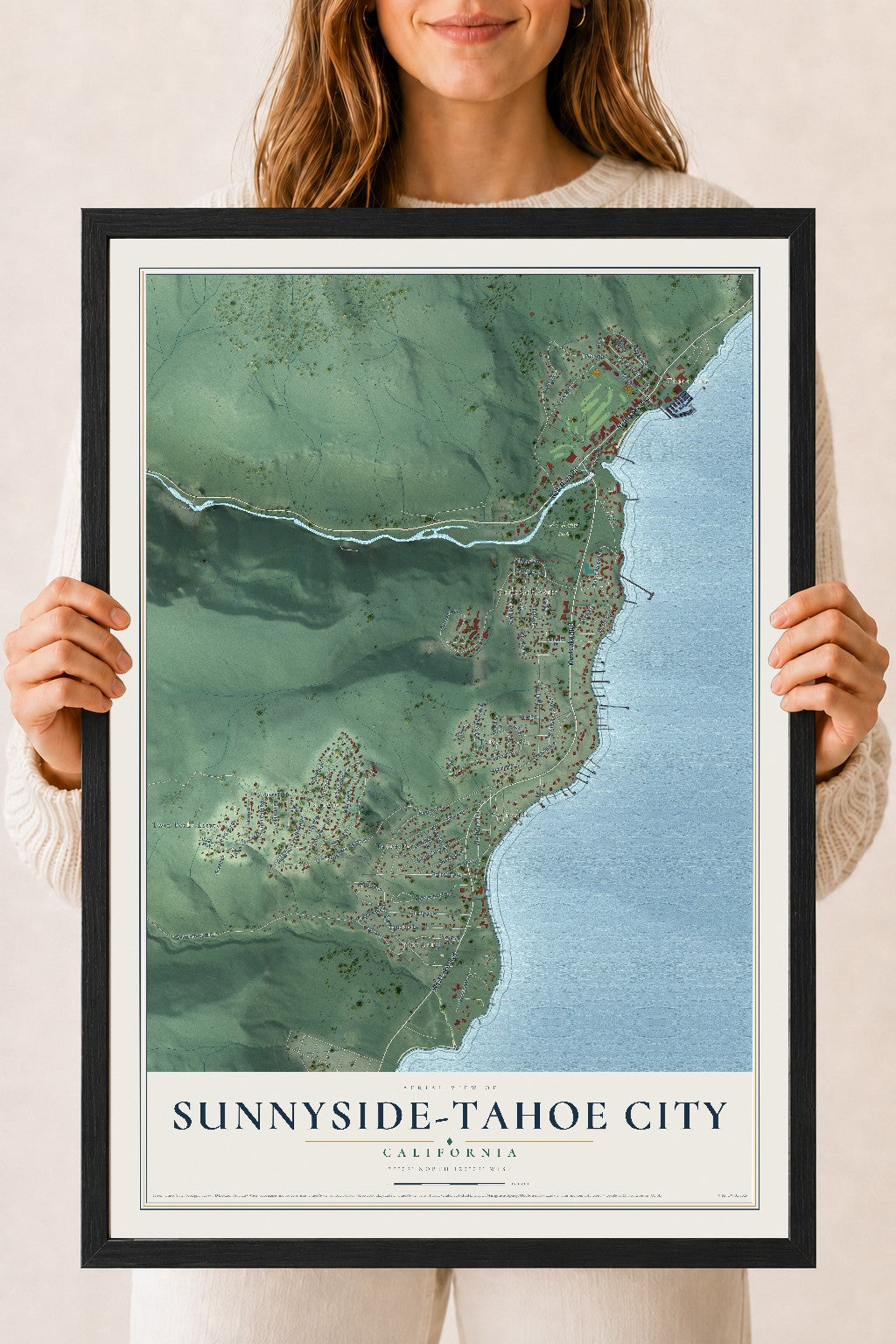 Map of Sunnyside-Tahoe City, California, 18 x 24 inch print in a black wood frame